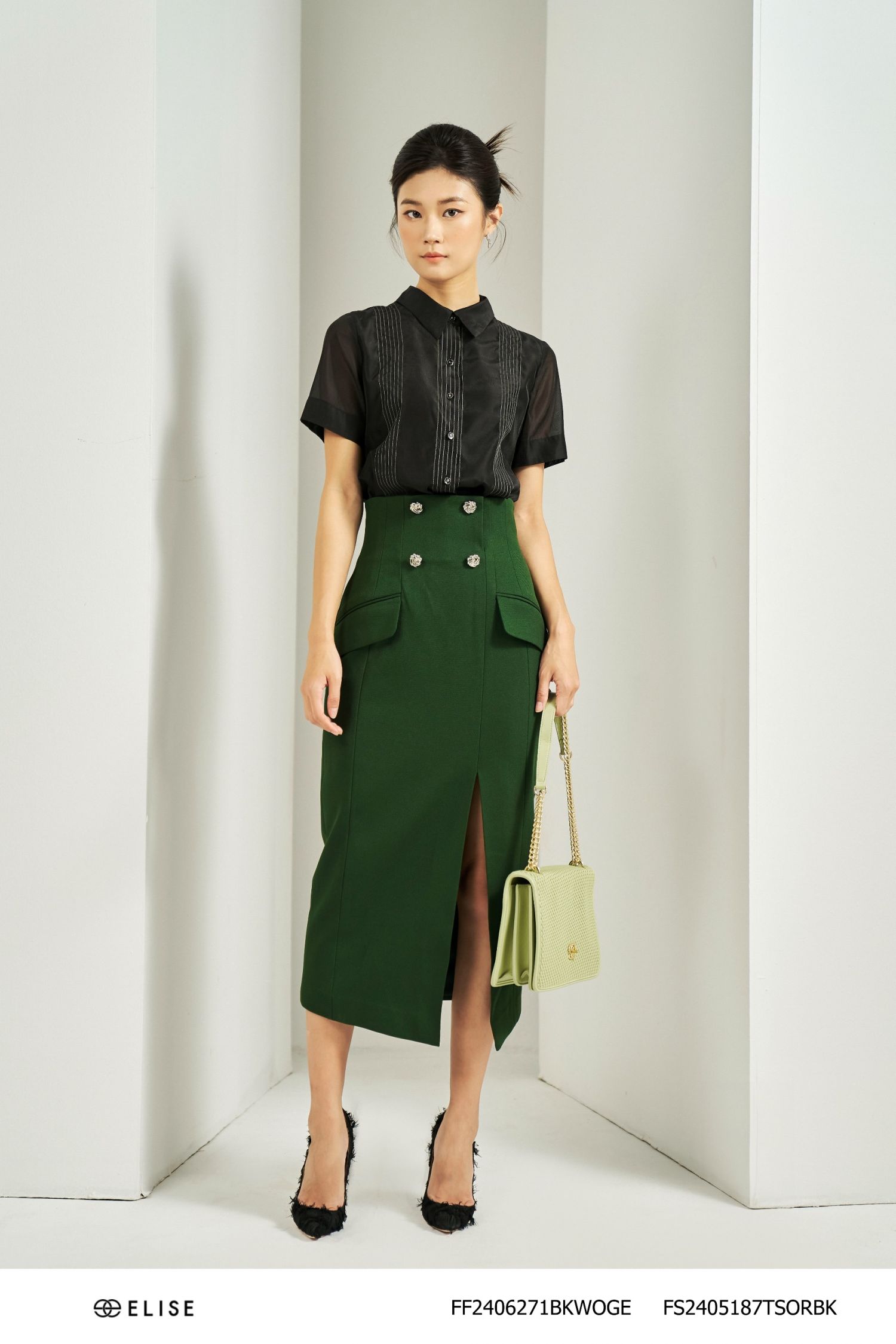 JUPE DÀI TWEED RÊU MỎNG CẠP CAO