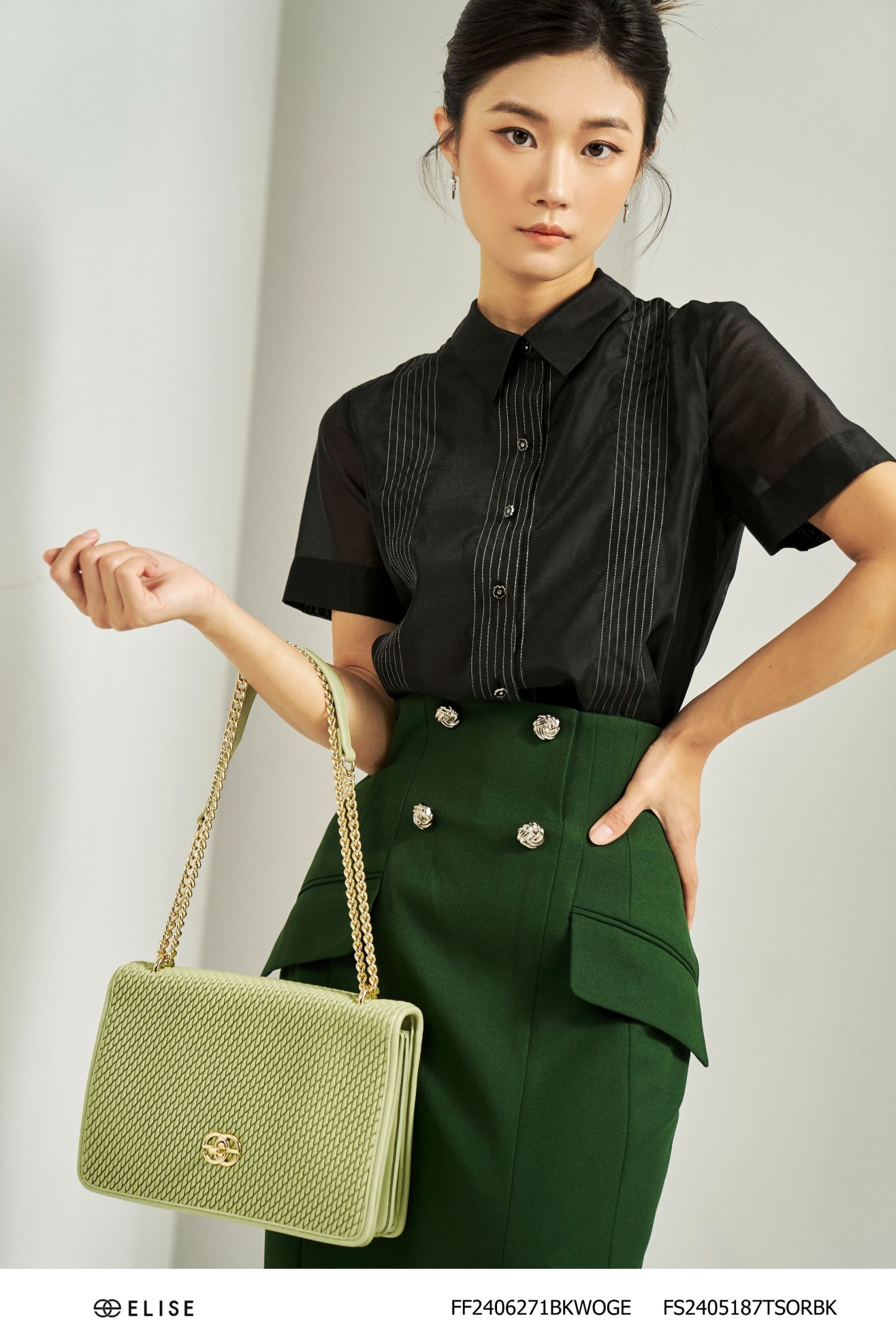 JUPE DÀI TWEED RÊU MỎNG CẠP CAO