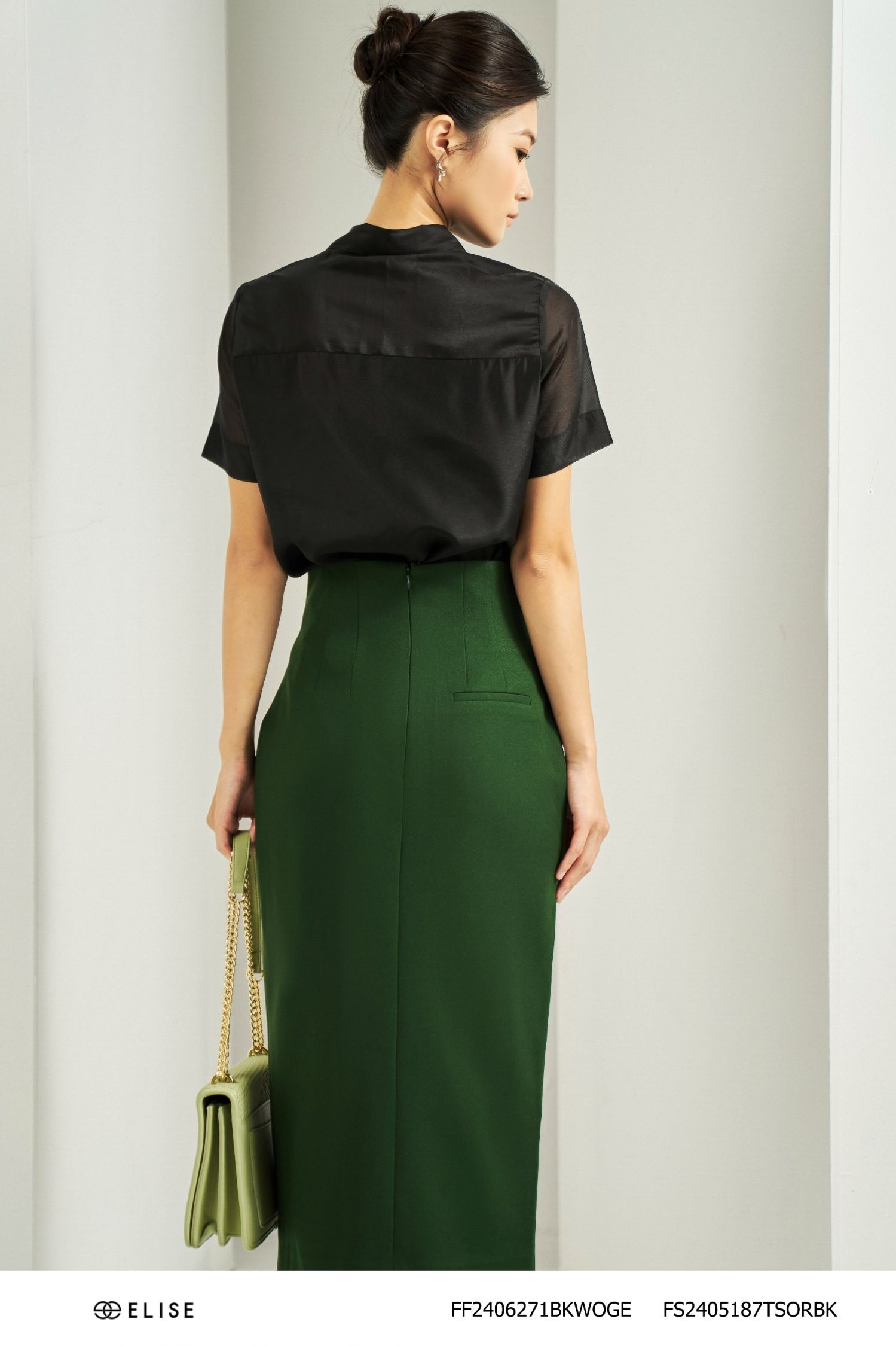 JUPE DÀI TWEED RÊU MỎNG CẠP CAO