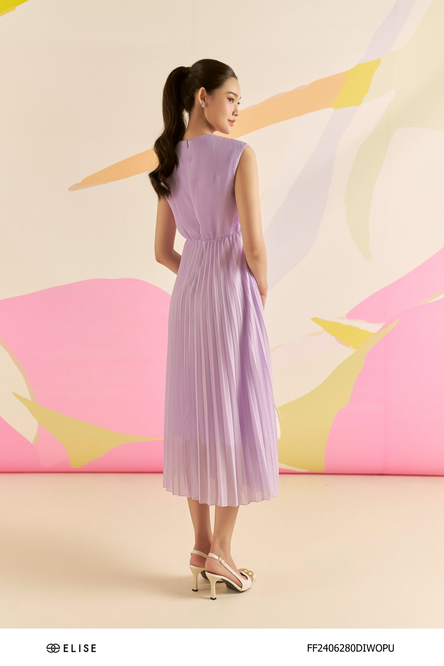 ĐẦM CHIFFON TÍM DẬP LY ĐÍNH HOA EO