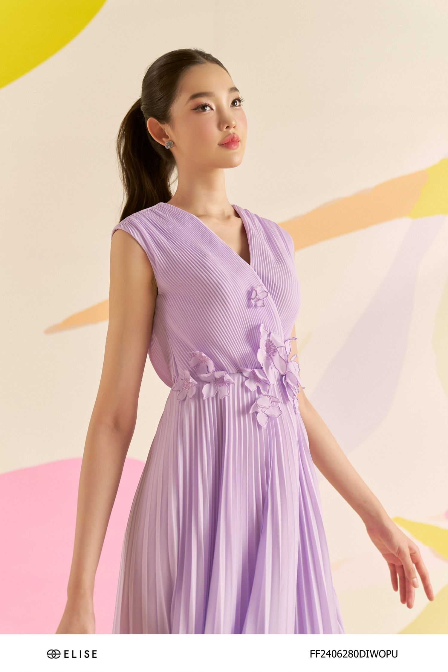 ĐẦM CHIFFON TÍM DẬP LY ĐÍNH HOA EO