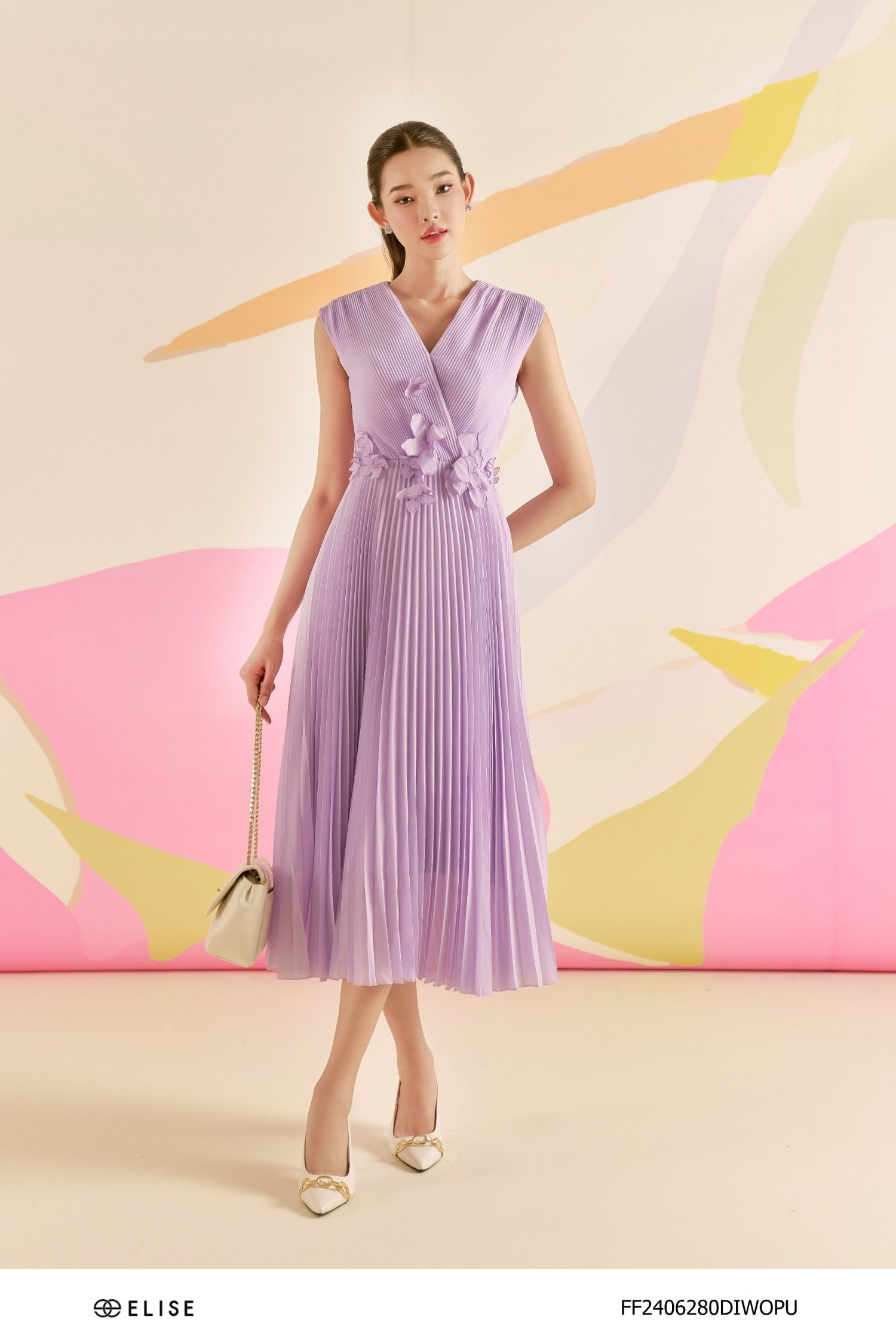 ĐẦM CHIFFON TÍM DẬP LY ĐÍNH HOA EO