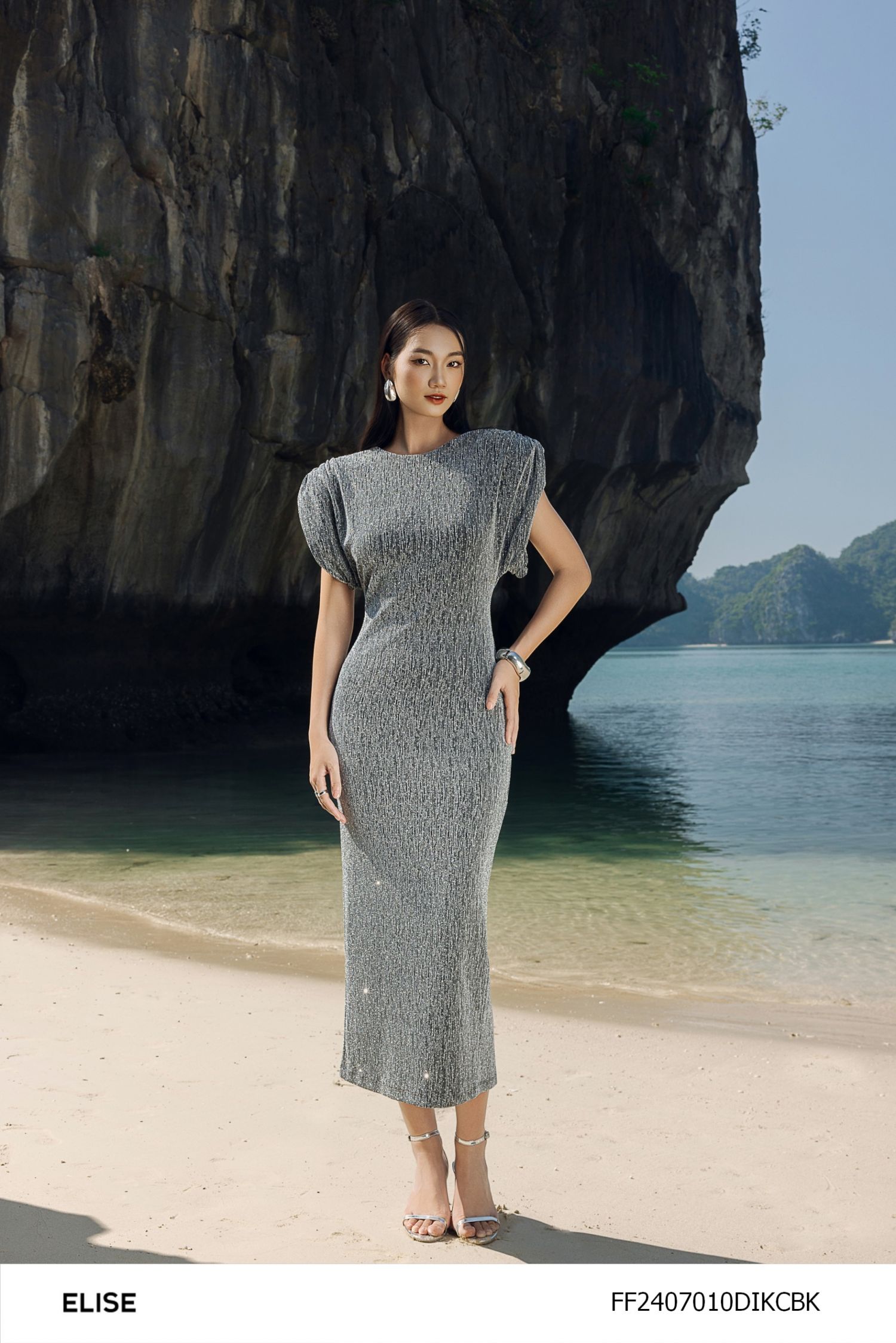 ĐẦM THUN ĐEN KIM TUYẾN BẠC ĐỘN VAI