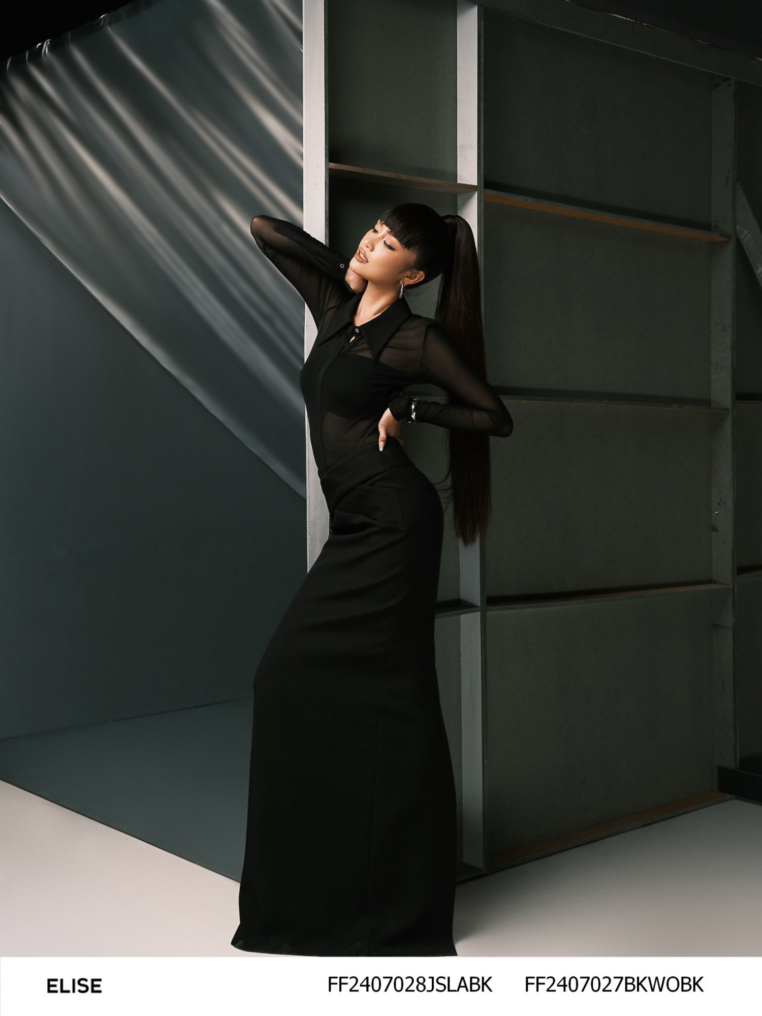BODY SUIT LƯỚI CHUN ĐEN CỔ ĐỨC