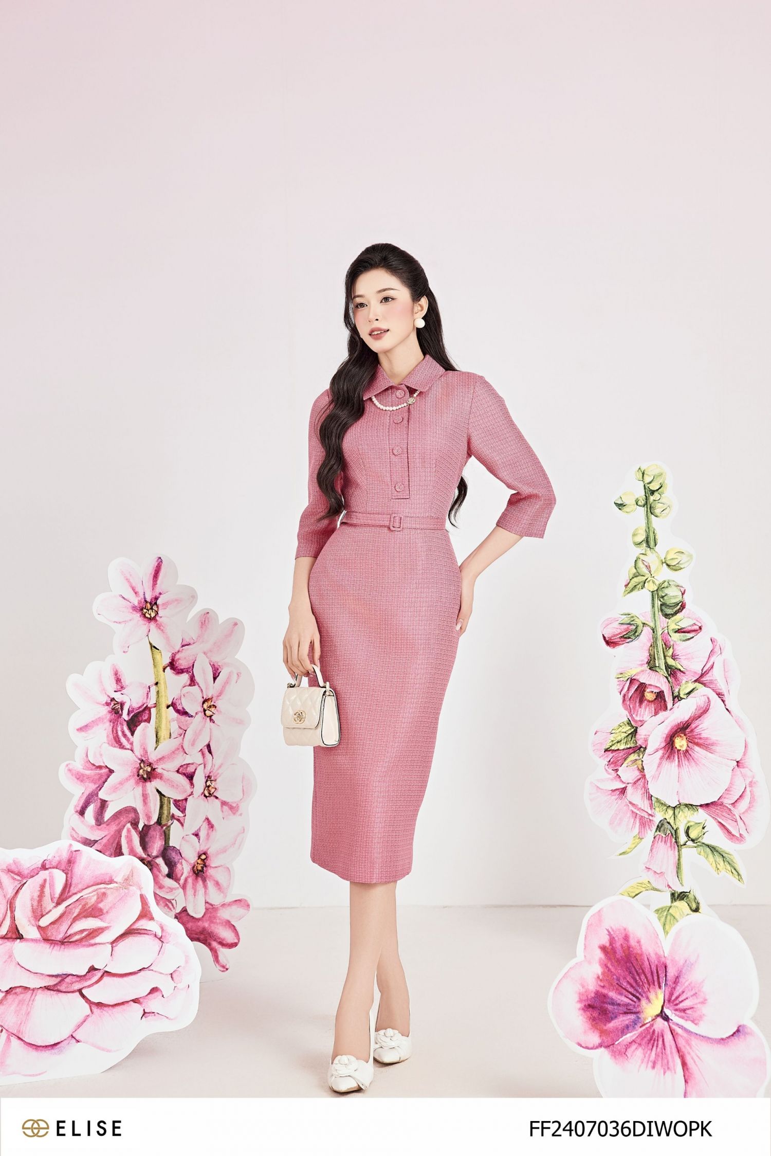 ĐẦM TWEED KẺ HỒNG TÍM TAY LỠ ĐAI EO
