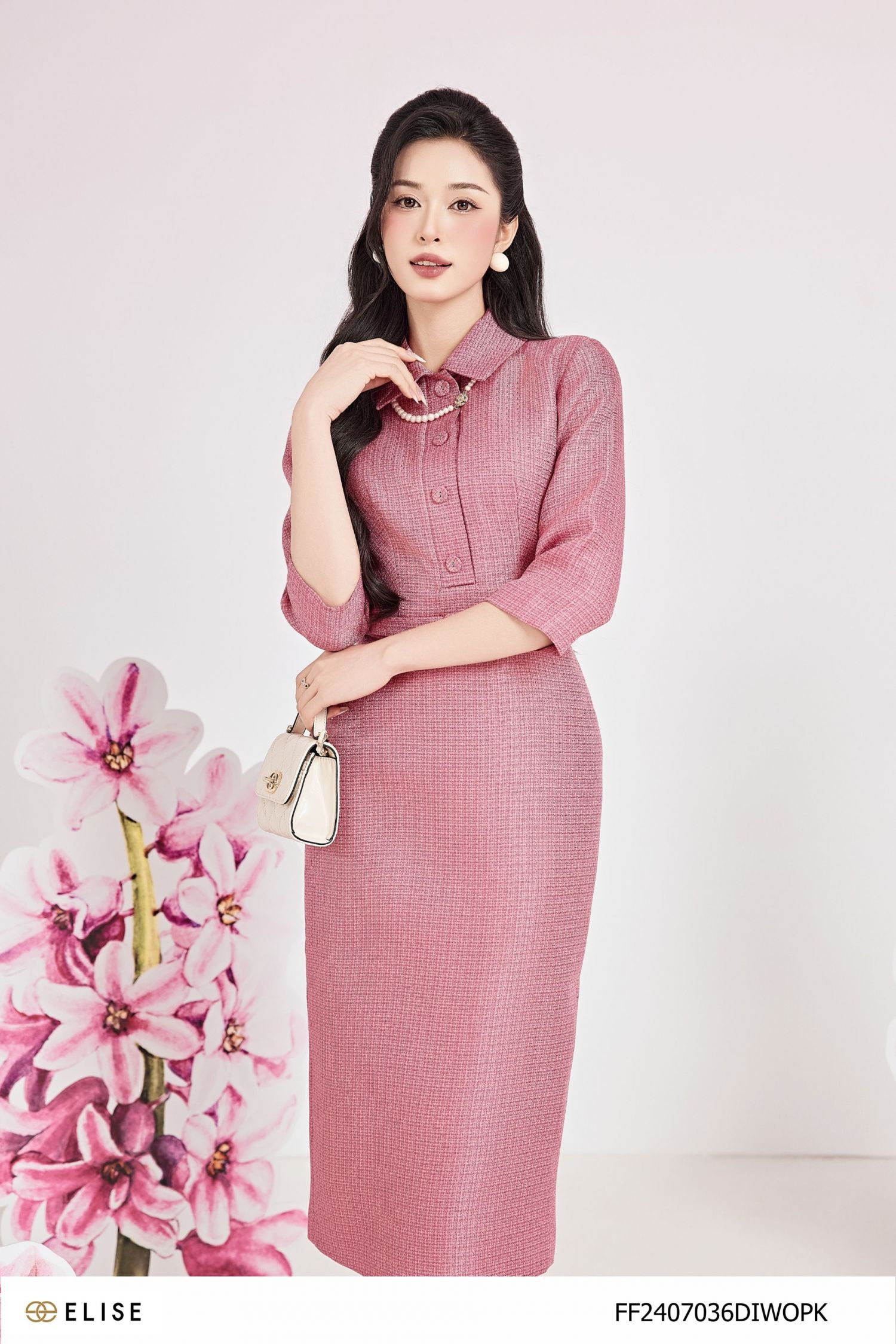 ĐẦM TWEED KẺ HỒNG TÍM TAY LỠ ĐAI EO