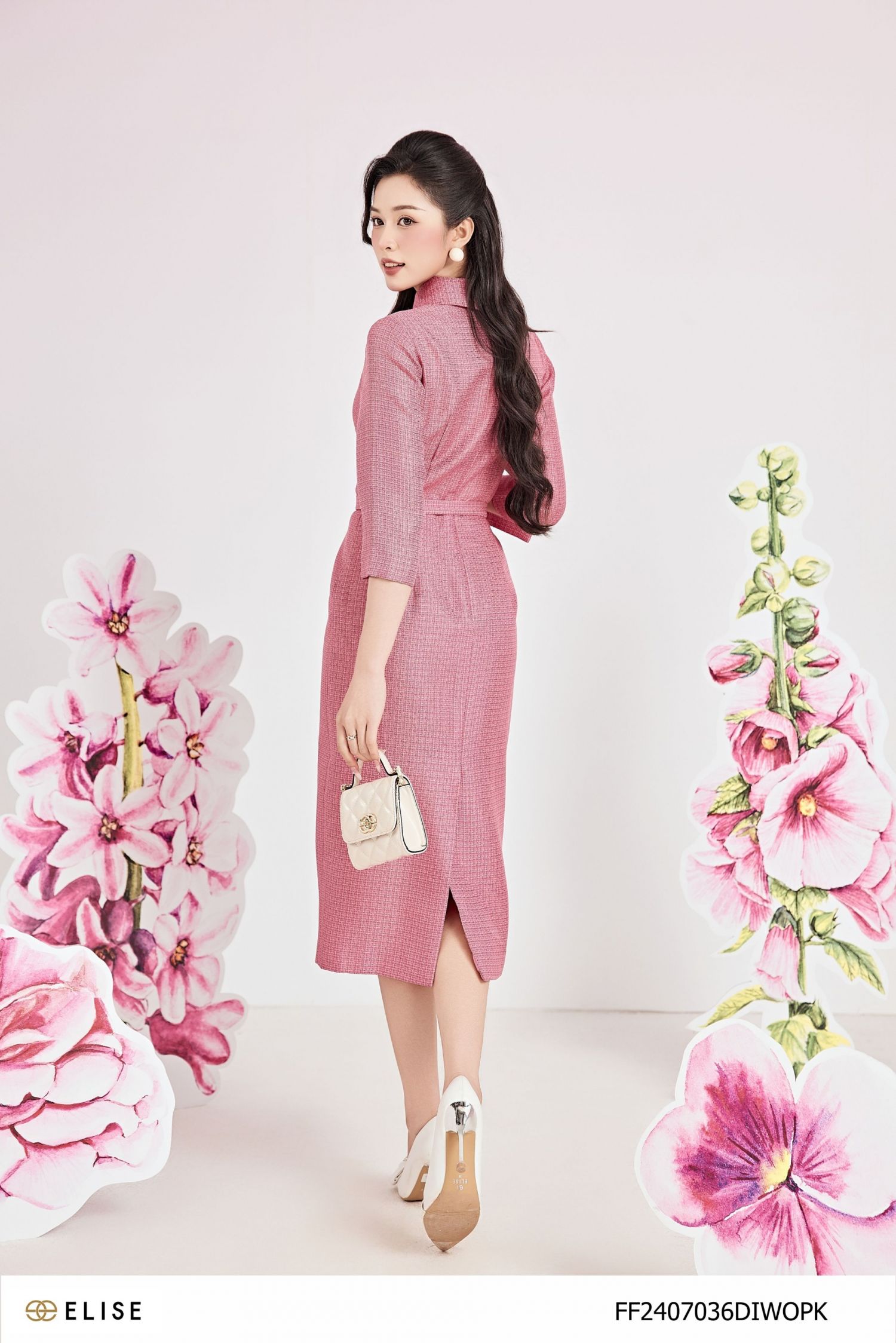 ĐẦM TWEED KẺ HỒNG TÍM TAY LỠ ĐAI EO