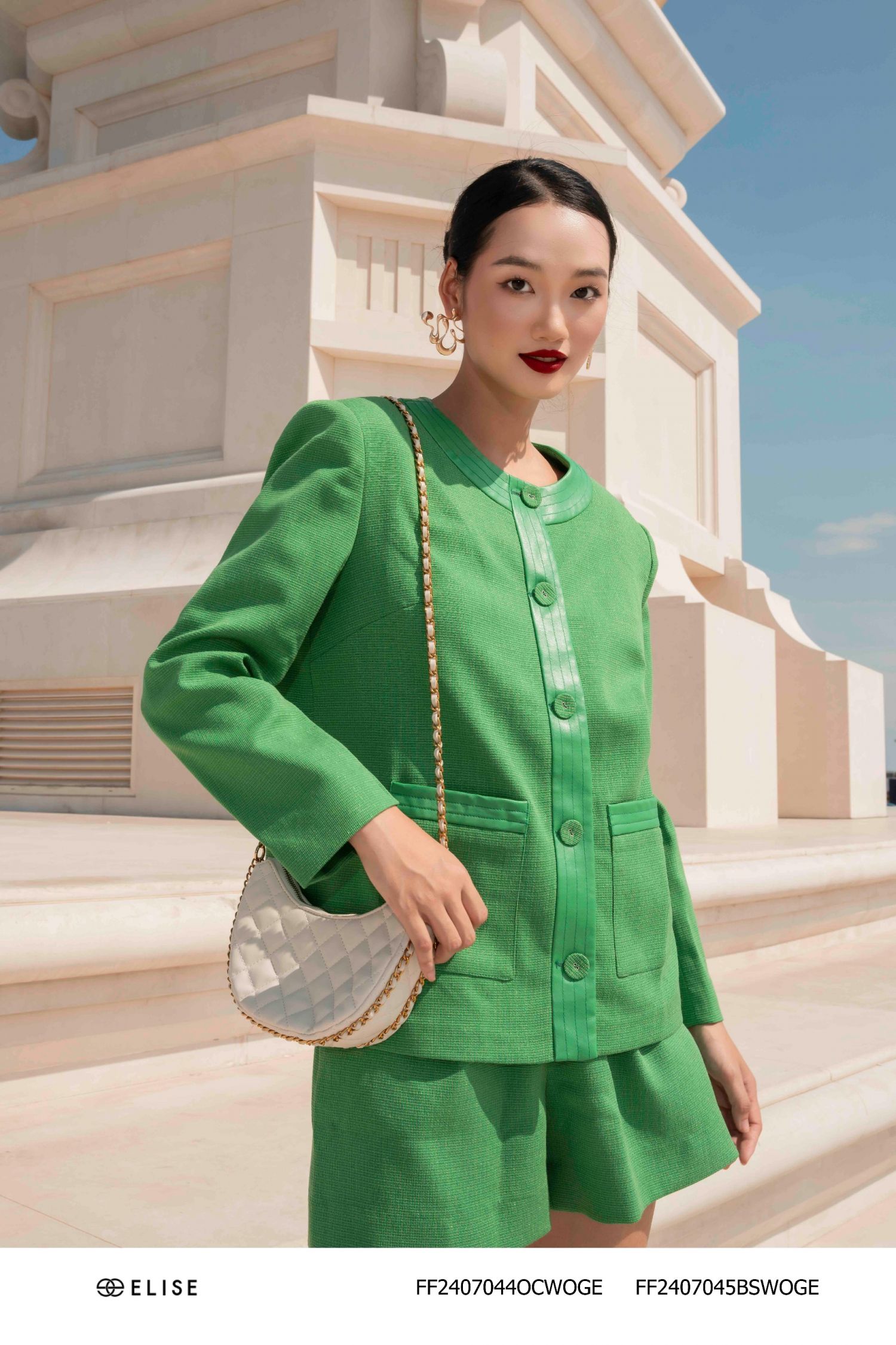 ÁO KHOÁC TWEED XANH LÁ KT PHỐI DA