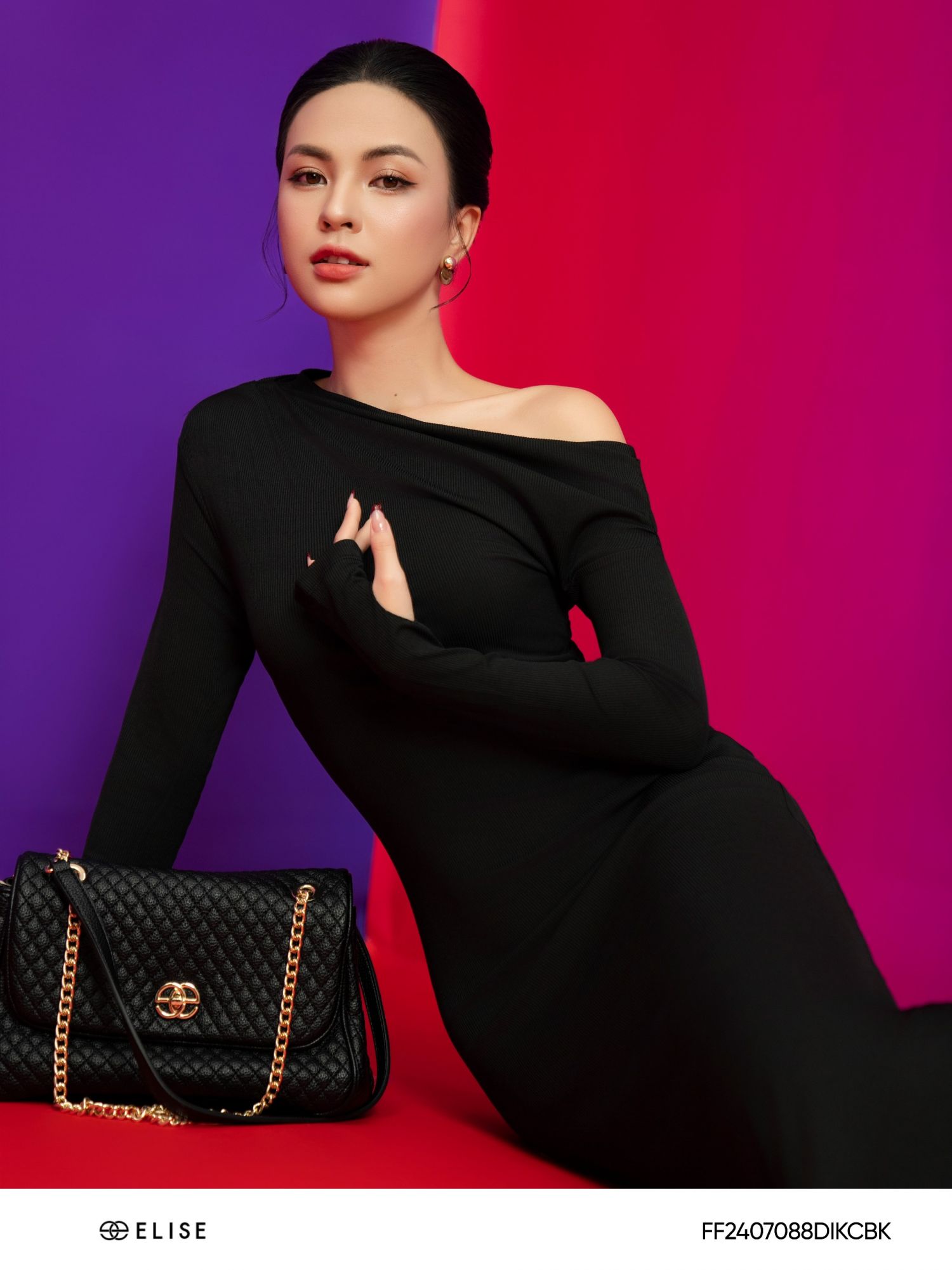 ĐẦM THUN TĂM ĐEN LỆCH VAI