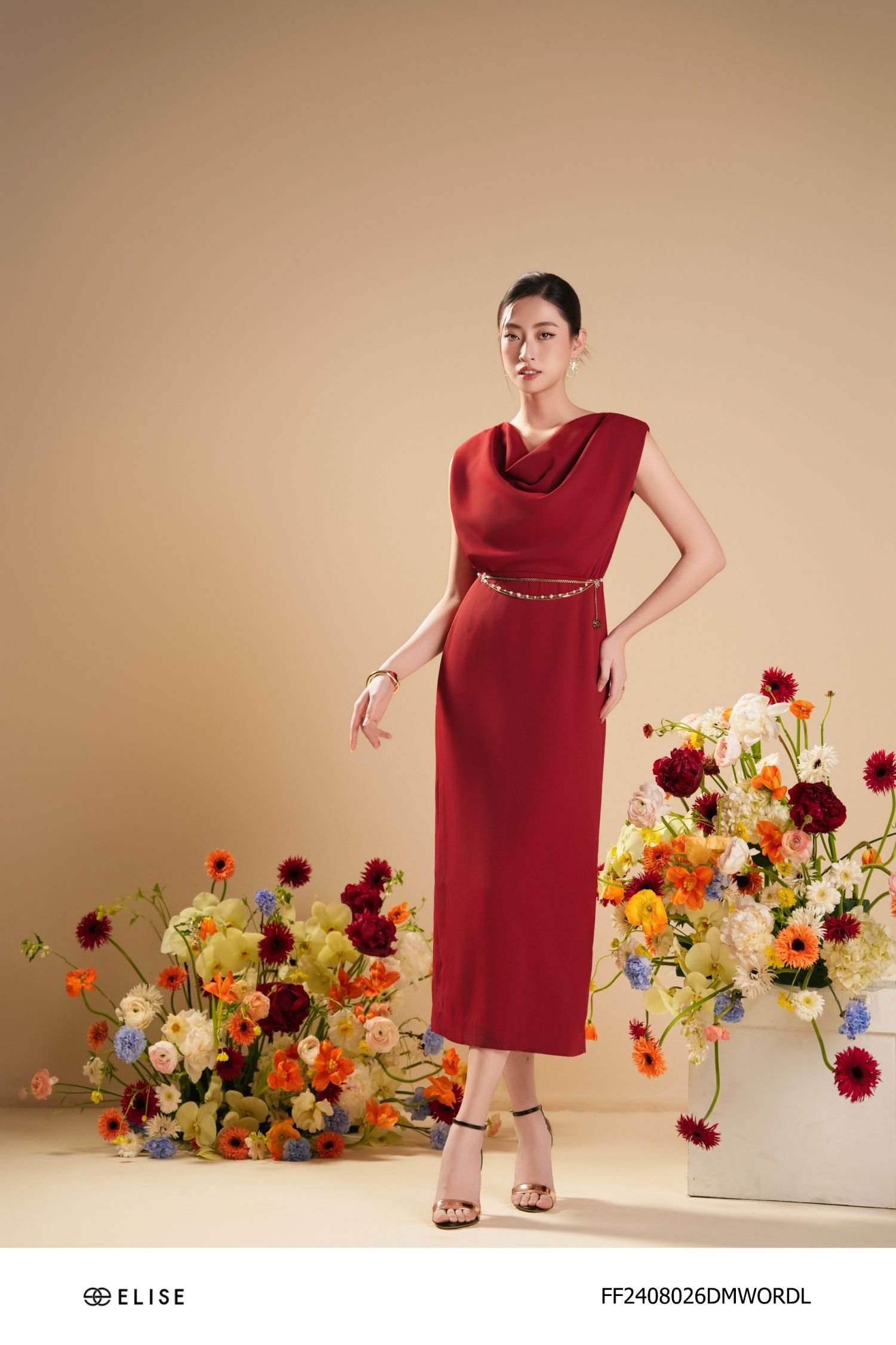 ĐẦM ĐỎ BOOCDO ĐỘN VAI CỔ ĐỔ