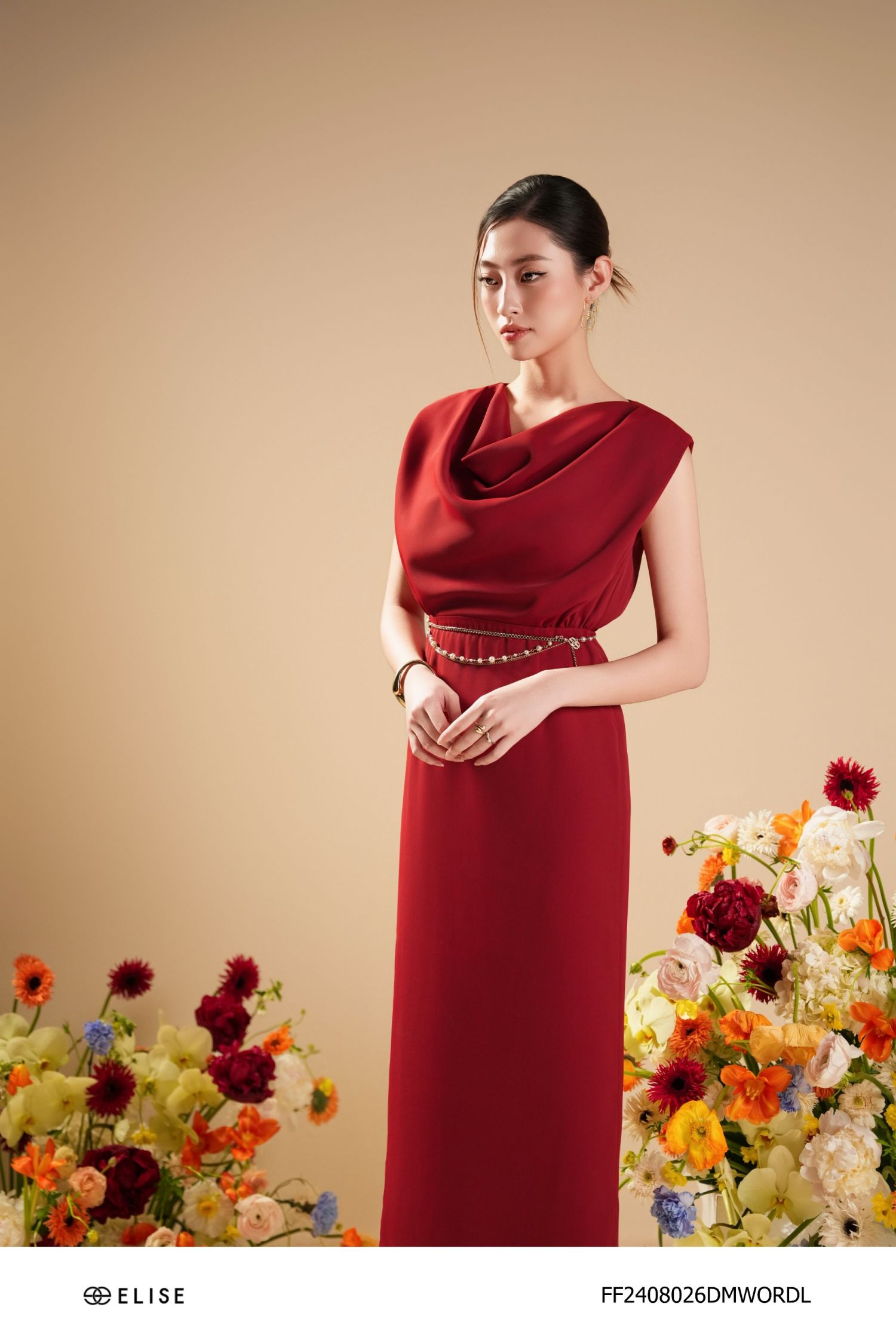 ĐẦM ĐỎ BOOCDO ĐỘN VAI CỔ ĐỔ
