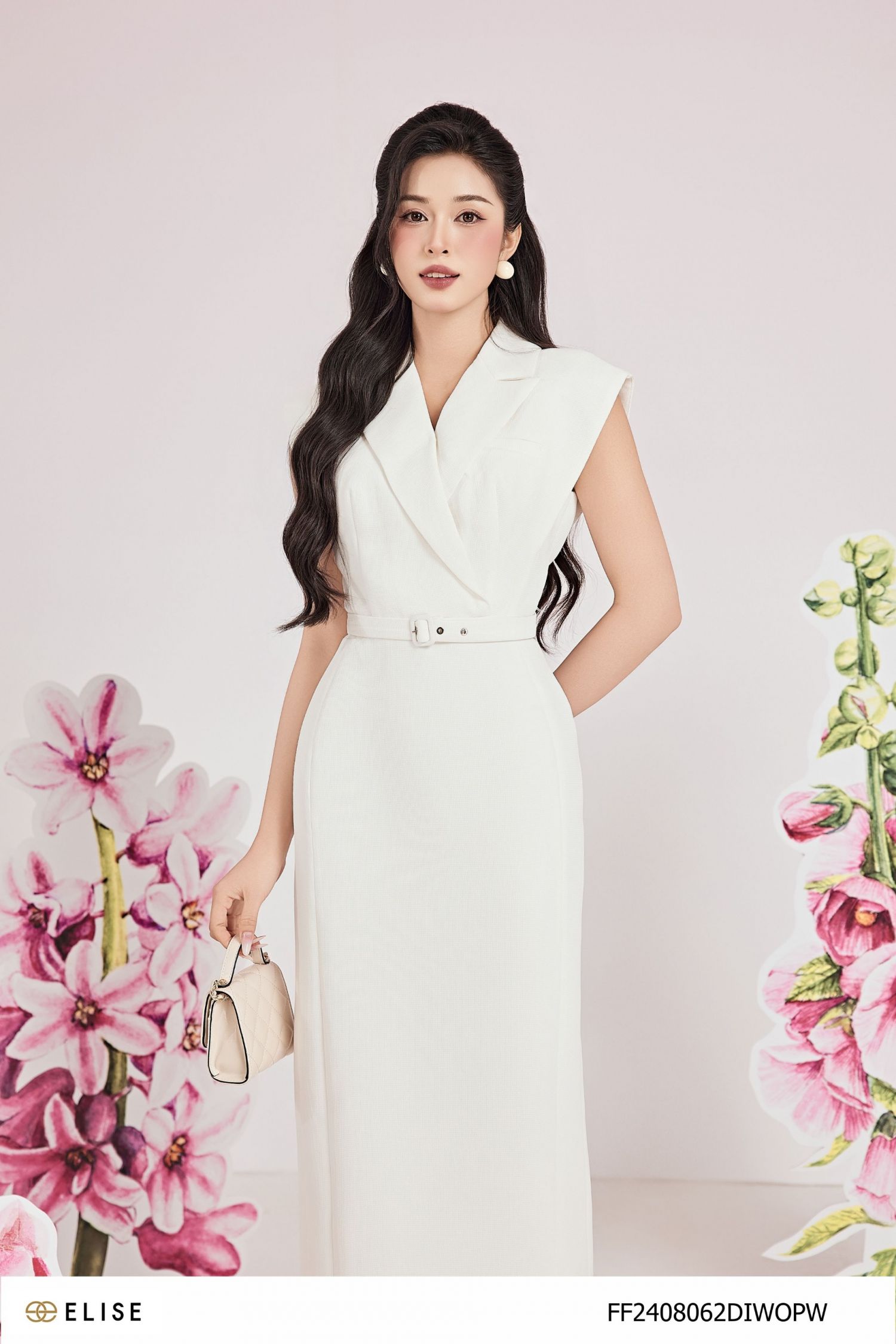 ĐẦM TRẮNG VÂN CỔ VETS ĐAI EO