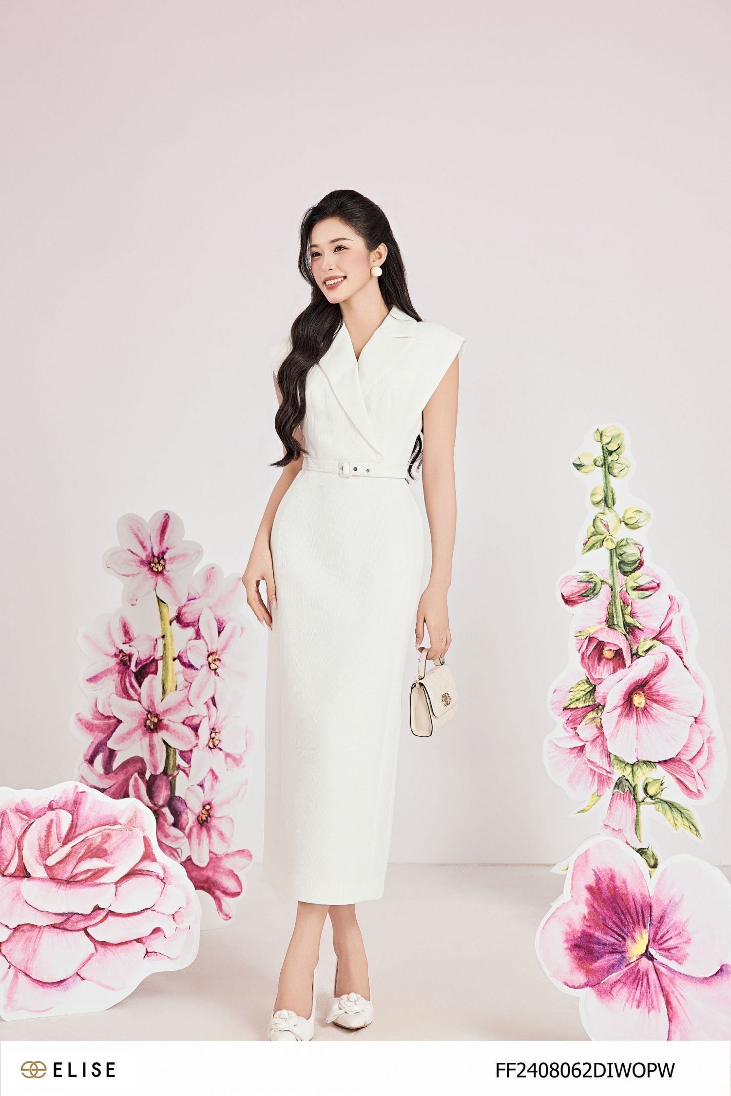 ĐẦM TRẮNG VÂN CỔ VETS ĐAI EO