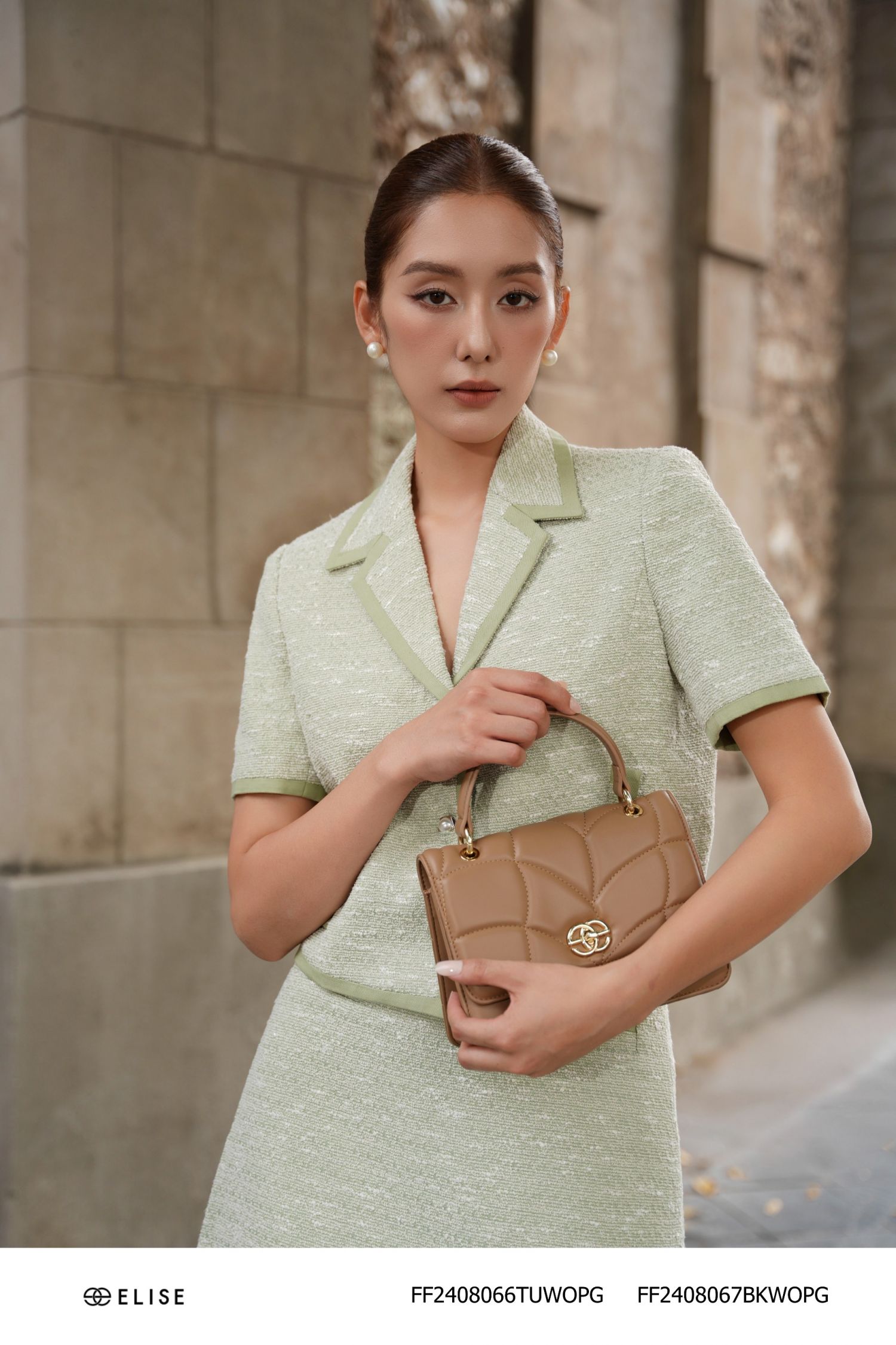 VEST XANH CỐM VÂN NỔI TRẮNG PHỐI VIỀN