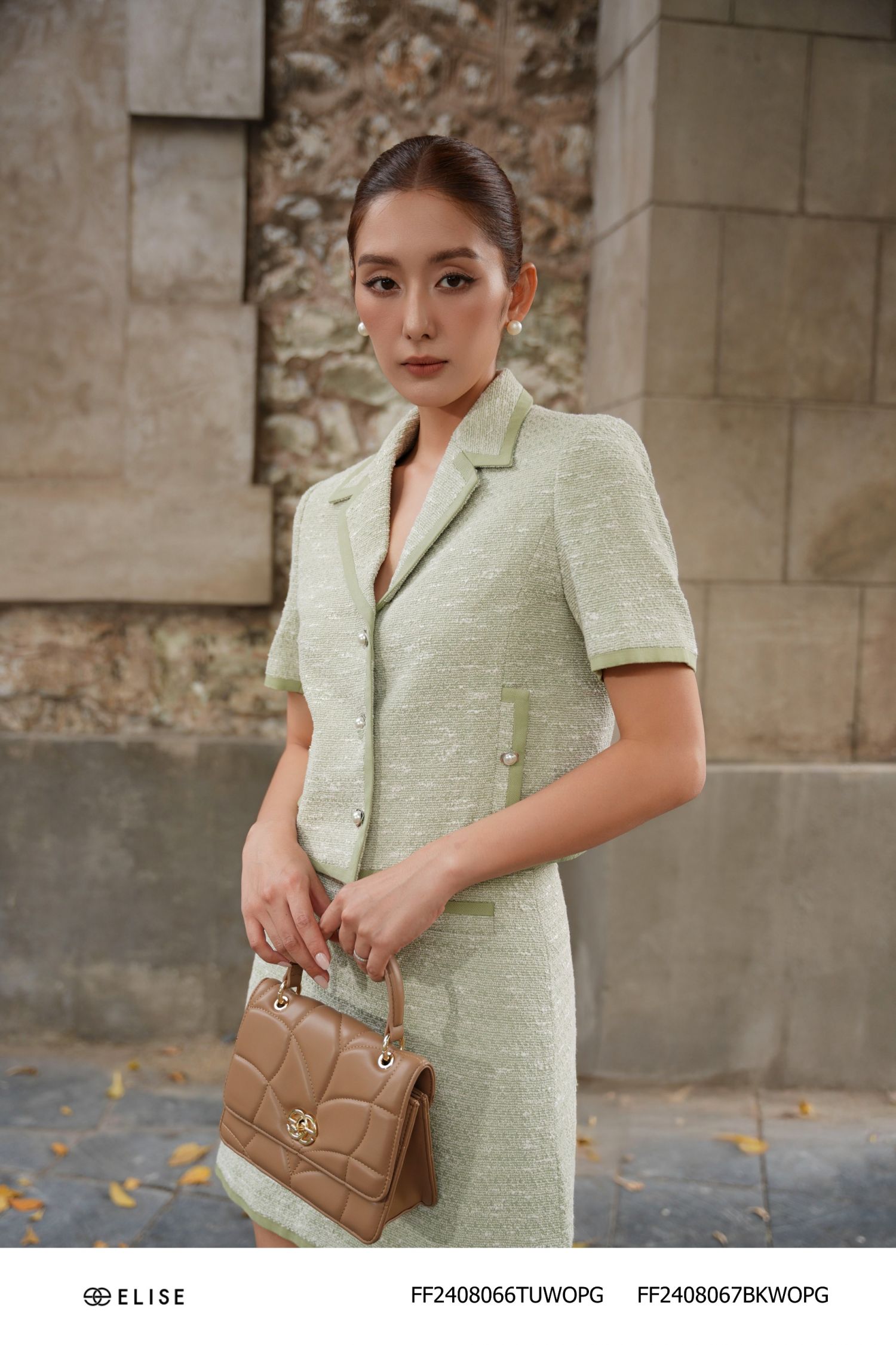 VEST XANH CỐM VÂN NỔI TRẮNG PHỐI VIỀN