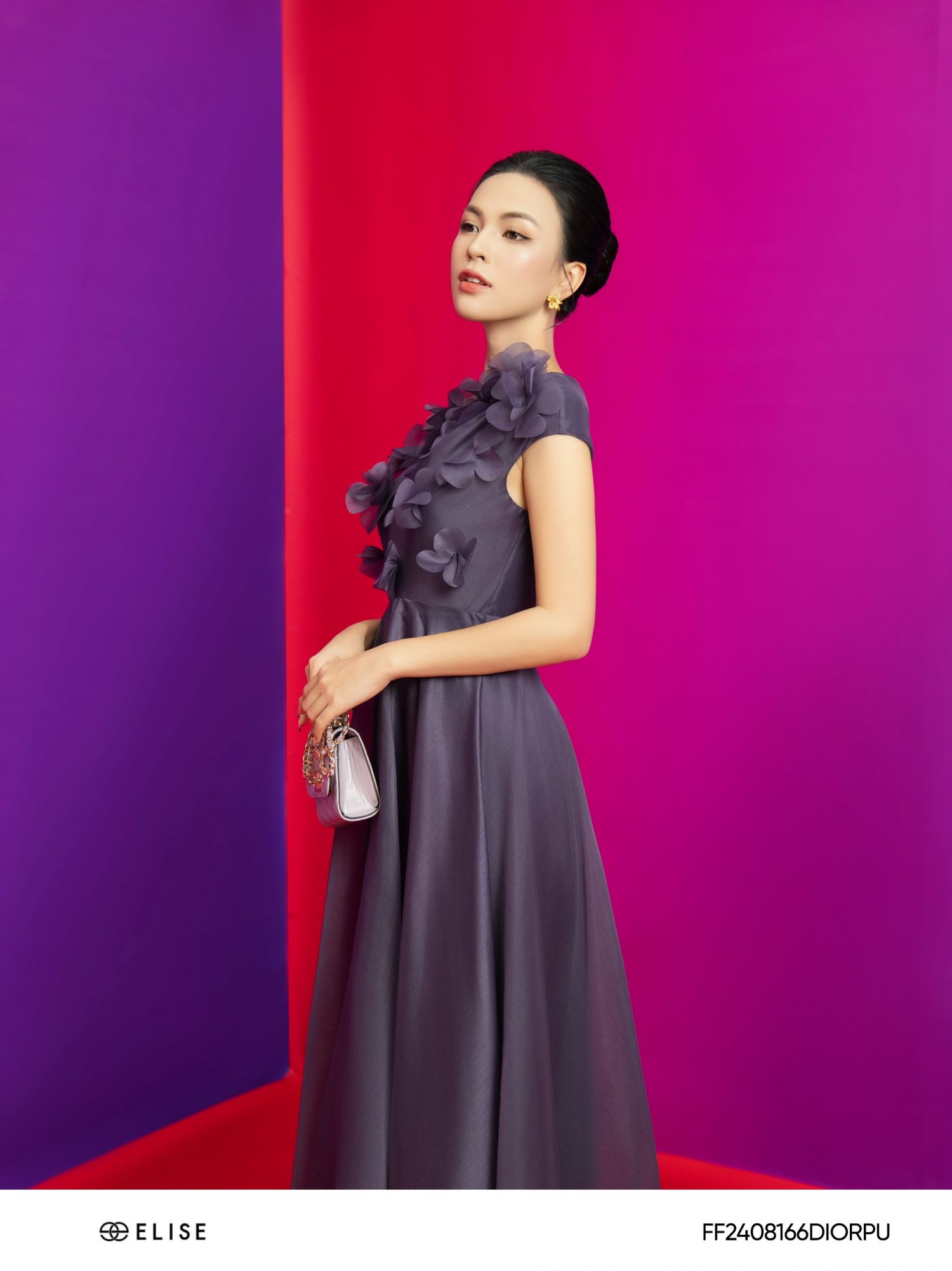 ĐẦM TƠ TÍM LỆCH VAI ĐÍNH HOA