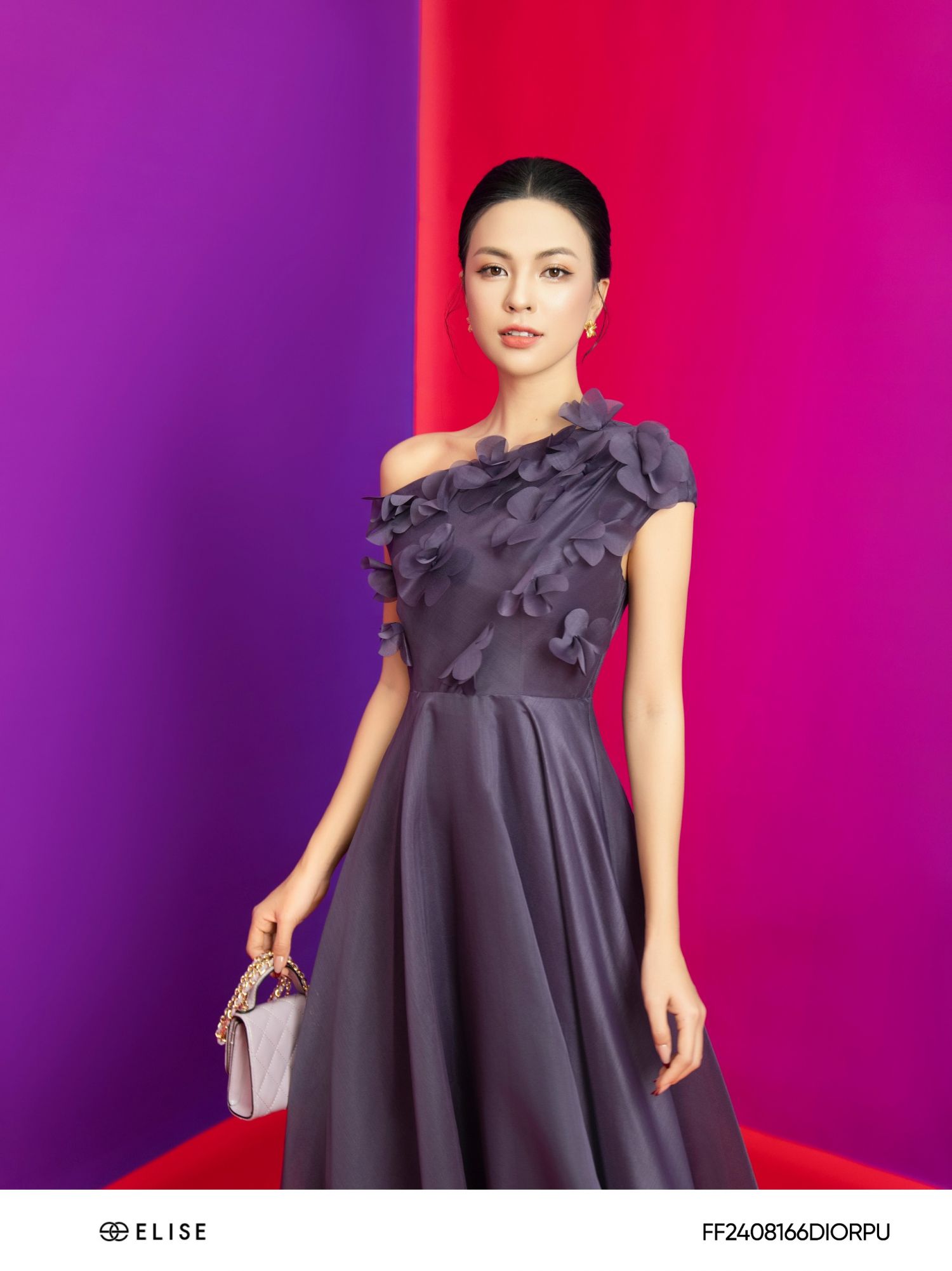 ĐẦM TƠ TÍM LỆCH VAI ĐÍNH HOA