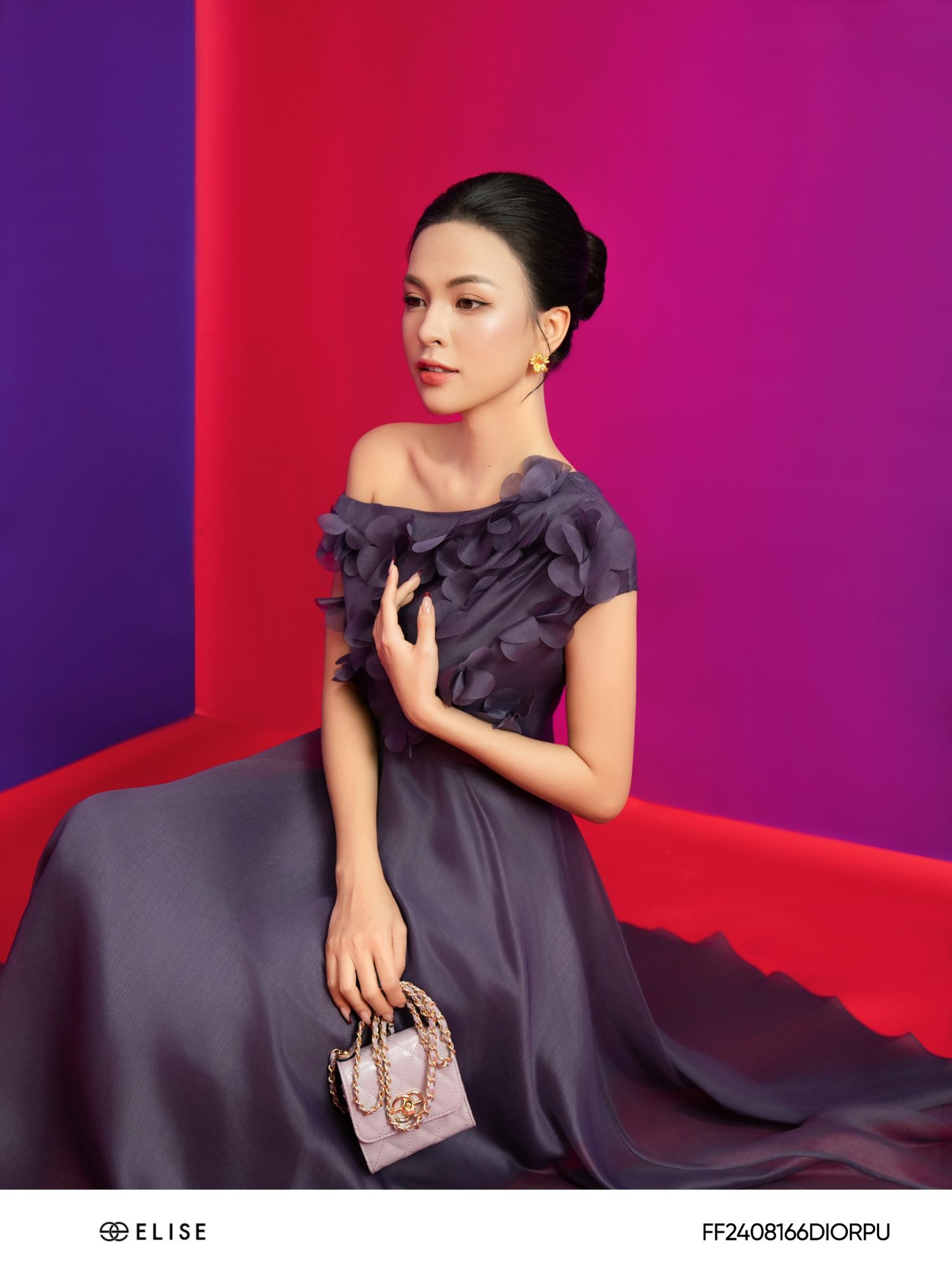 ĐẦM TƠ TÍM LỆCH VAI ĐÍNH HOA