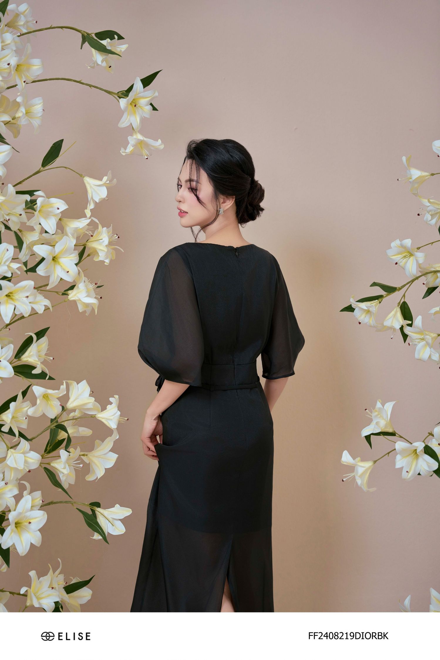 ĐẦM TƠ ĐEN TAY LỠ DÂY HOA EO