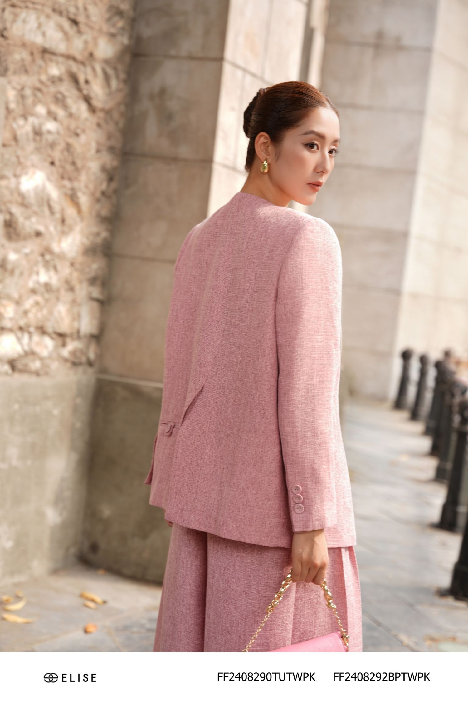 ÁO 2 DÂY TWEED HỒNG ĐẤT CÚP NGỰC