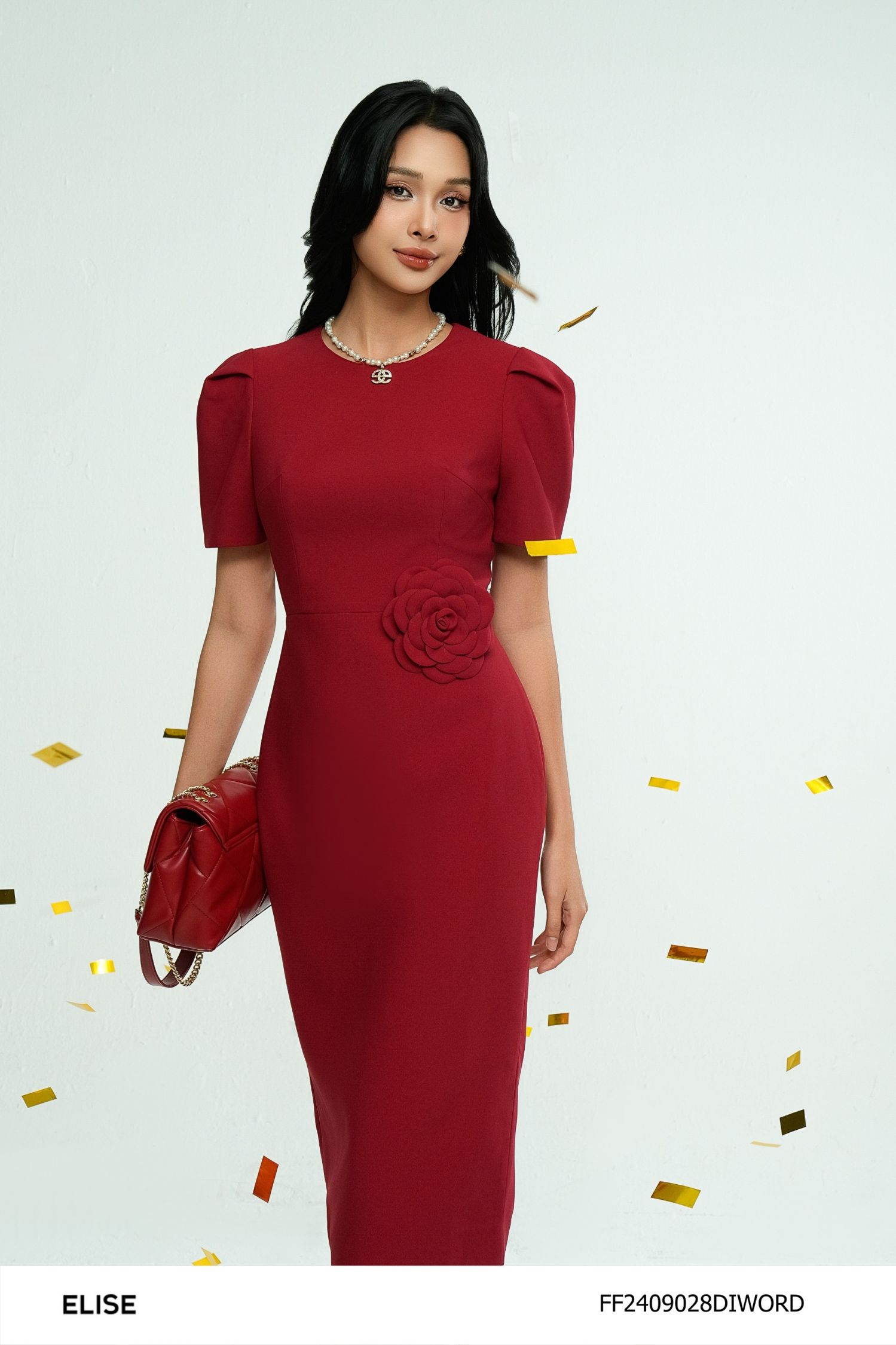 ĐẦM ĐỎ TAY XẾP LY ĐÍNH HOA EO