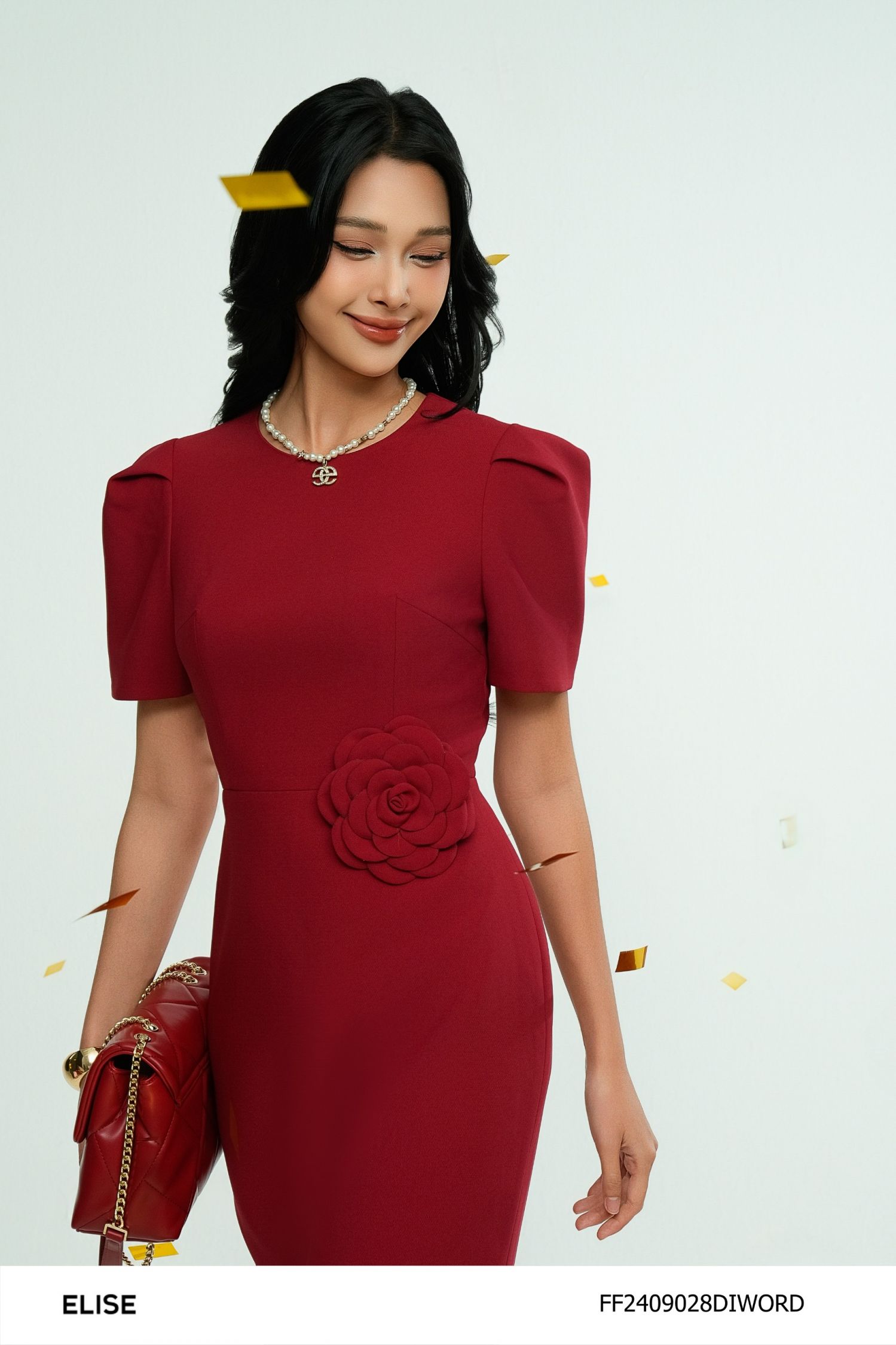 ĐẦM ĐỎ TAY XẾP LY ĐÍNH HOA EO