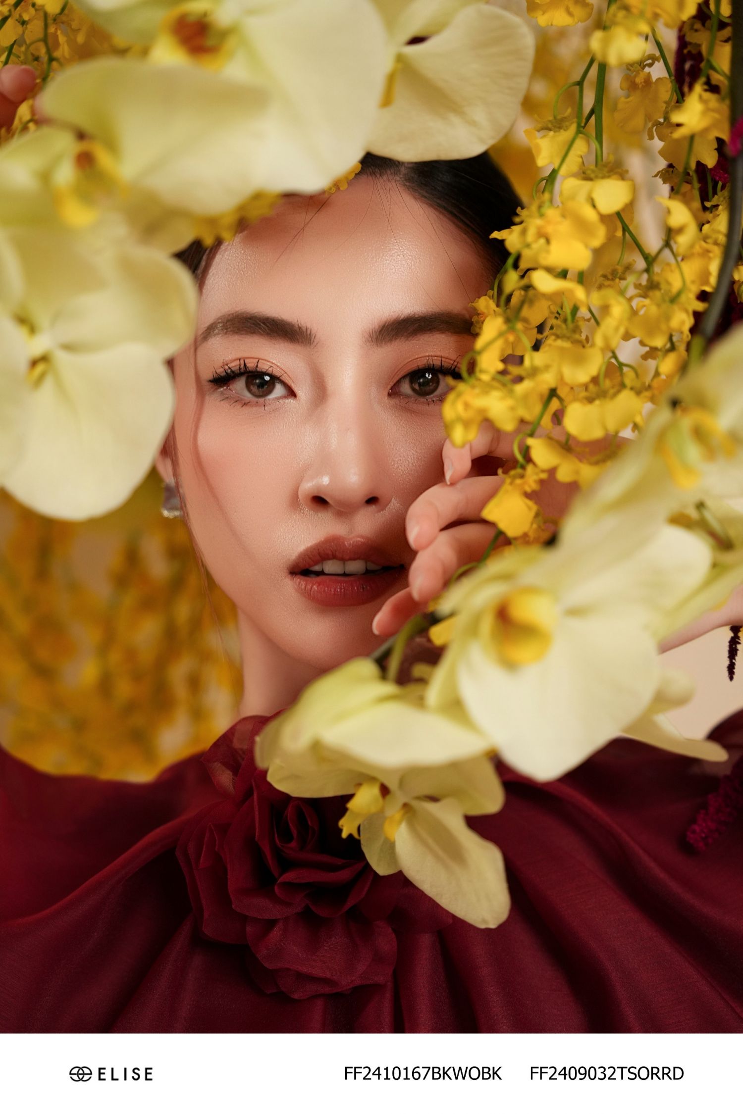 ÁO TƠ ĐỎ RƯỢU XẾP LY CỔ BUỘC DÂY HOA