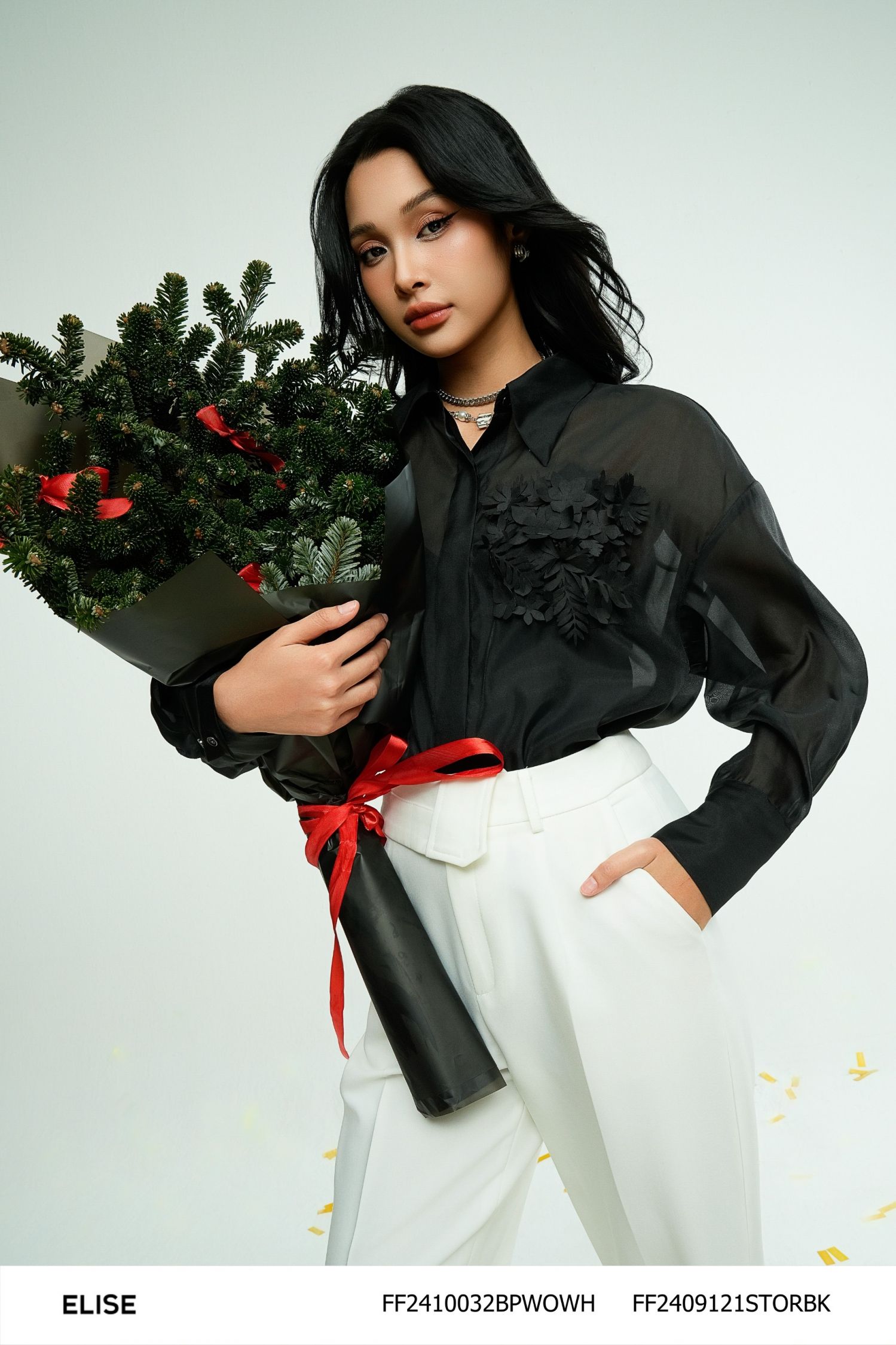 SET SM TƠ ĐEN TÚI NGỰC ĐÍNH HOA