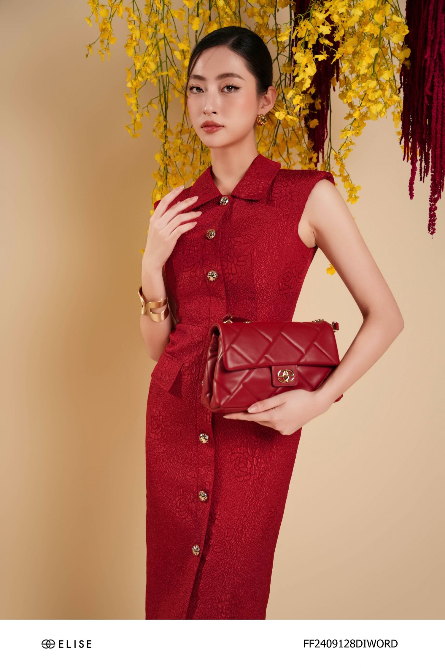 ĐẦM XỐP HOA ĐỎ CỔ ĐỨC ỐP NẮP TÚI