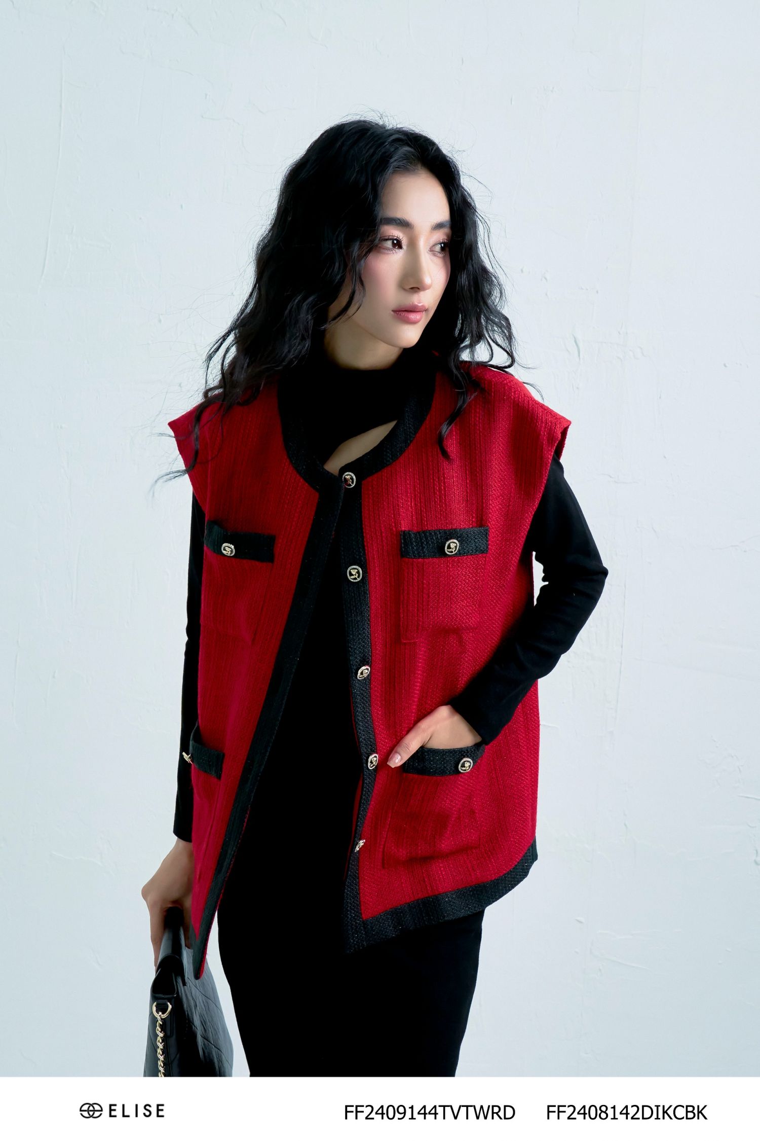 GILE TWEED ĐỎ PHỐI VIỀN ĐEN ỐP TÚI
