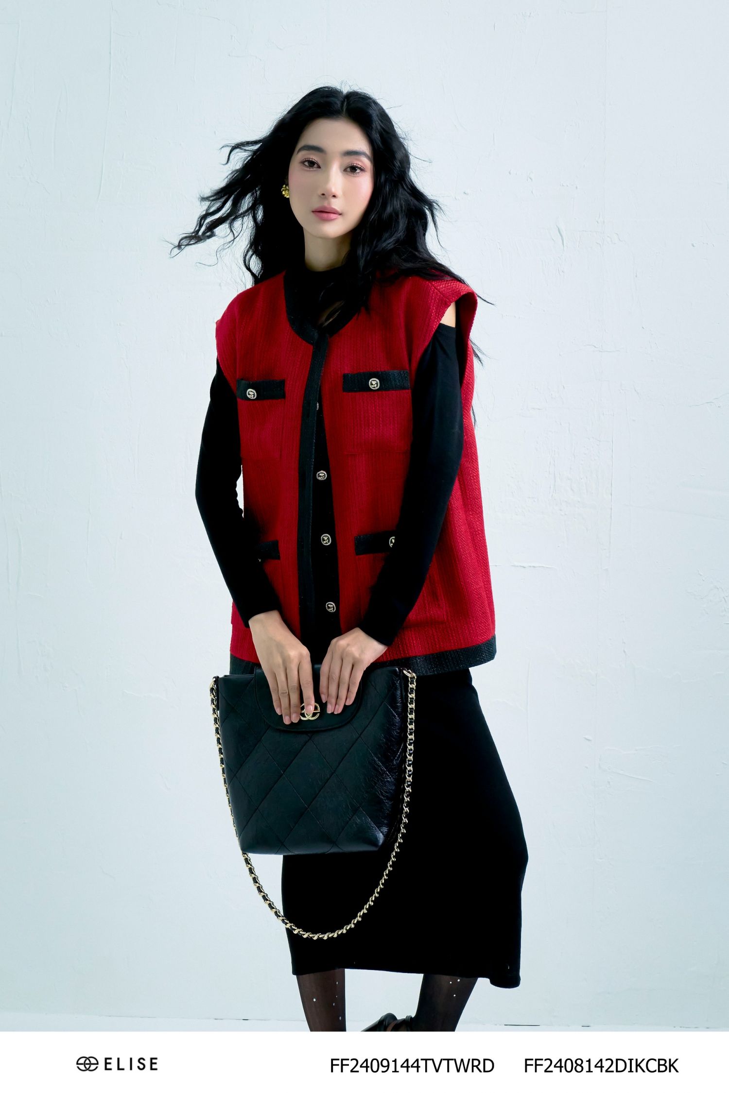 GILE TWEED ĐỎ PHỐI VIỀN ĐEN ỐP TÚI