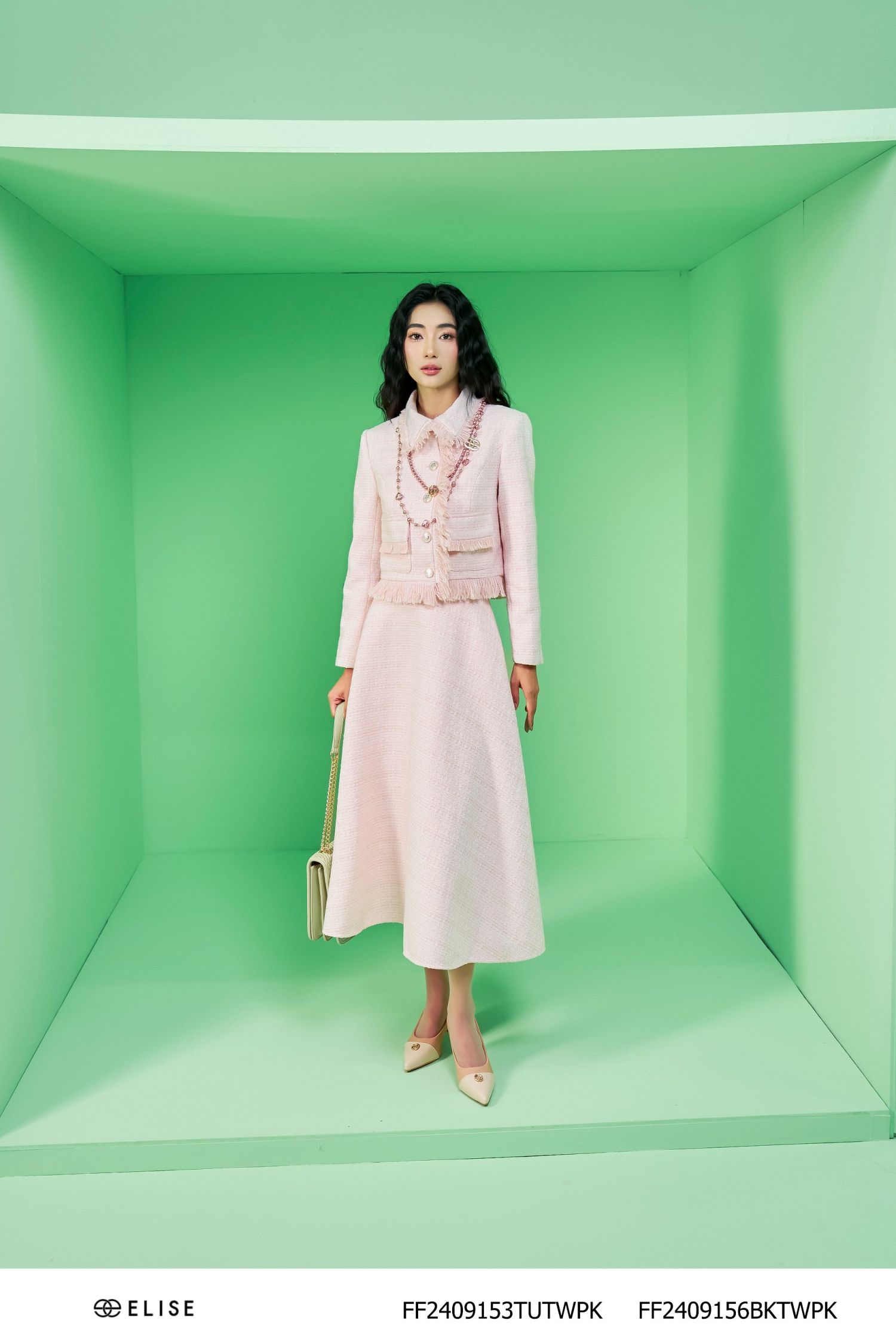 JUPE XÒE DẠ TWEED HỒNG NHẠT KT