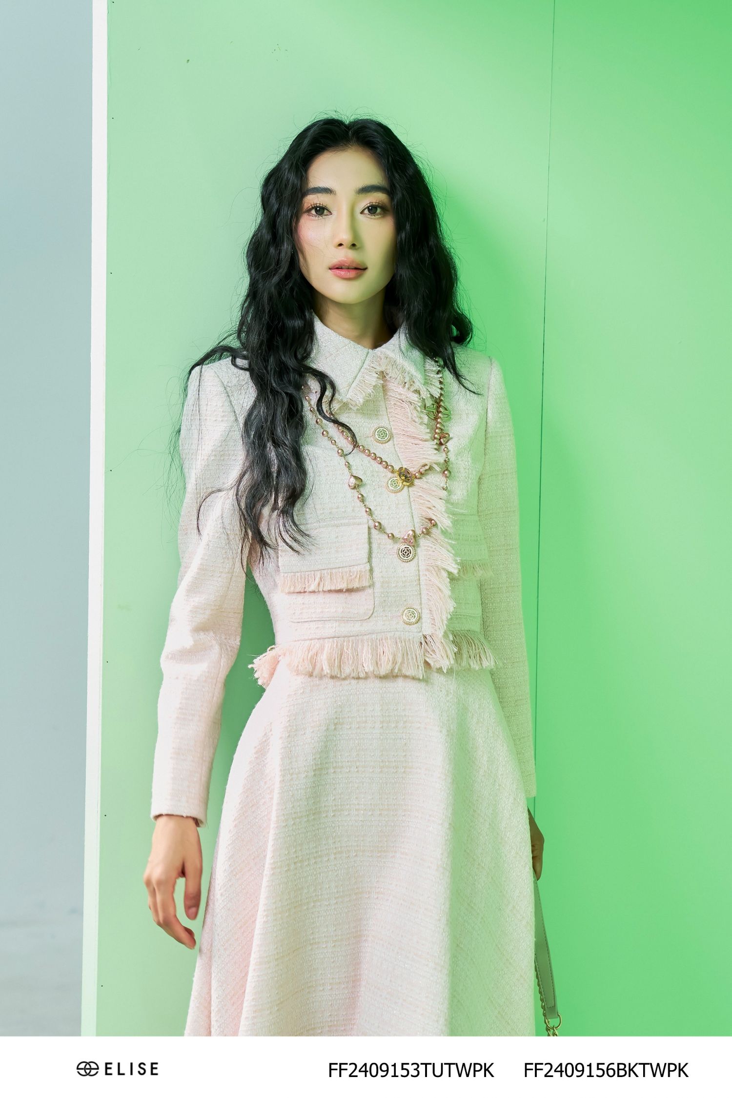 JUPE XÒE DẠ TWEED HỒNG NHẠT KT
