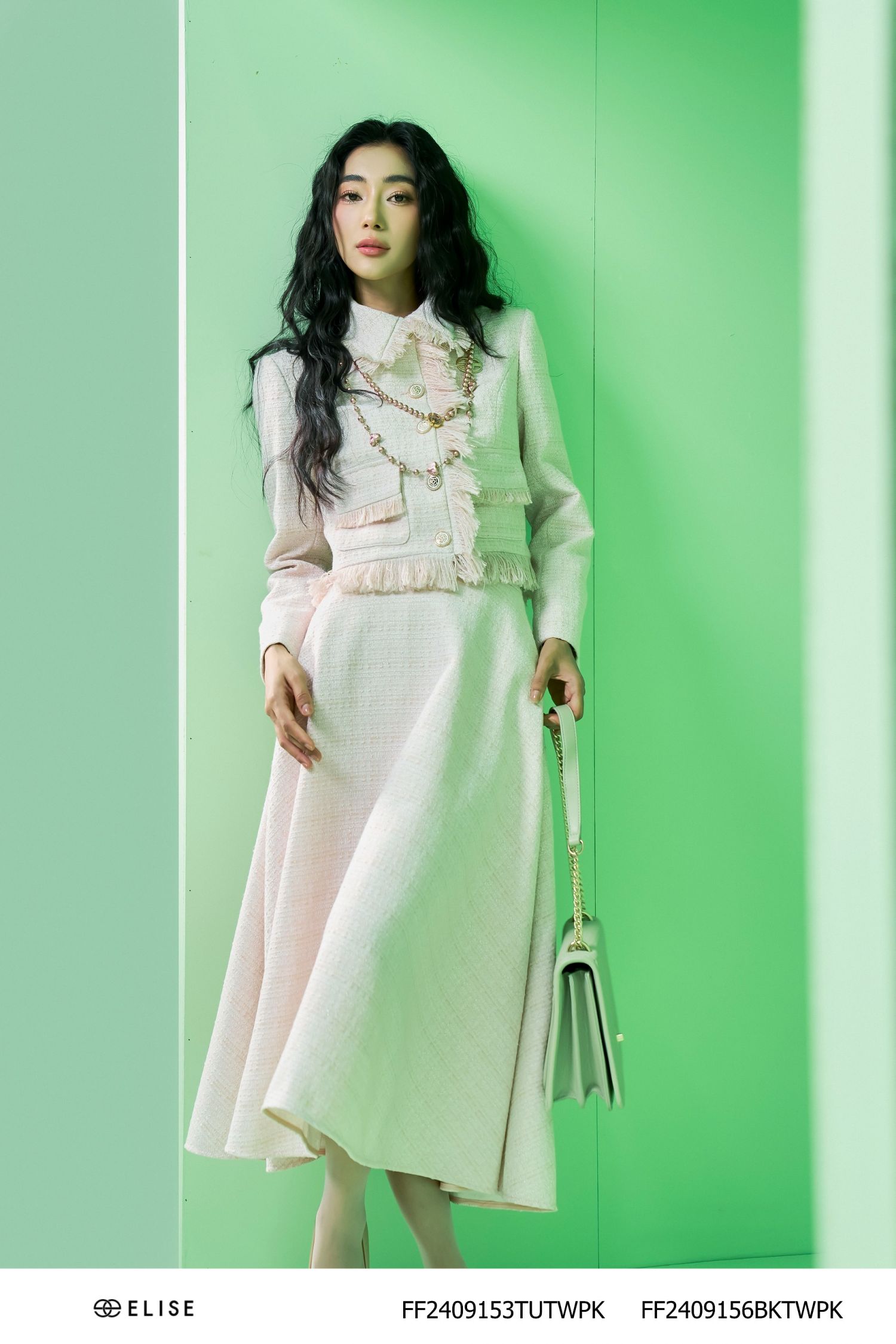 JUPE XÒE DẠ TWEED HỒNG NHẠT KT