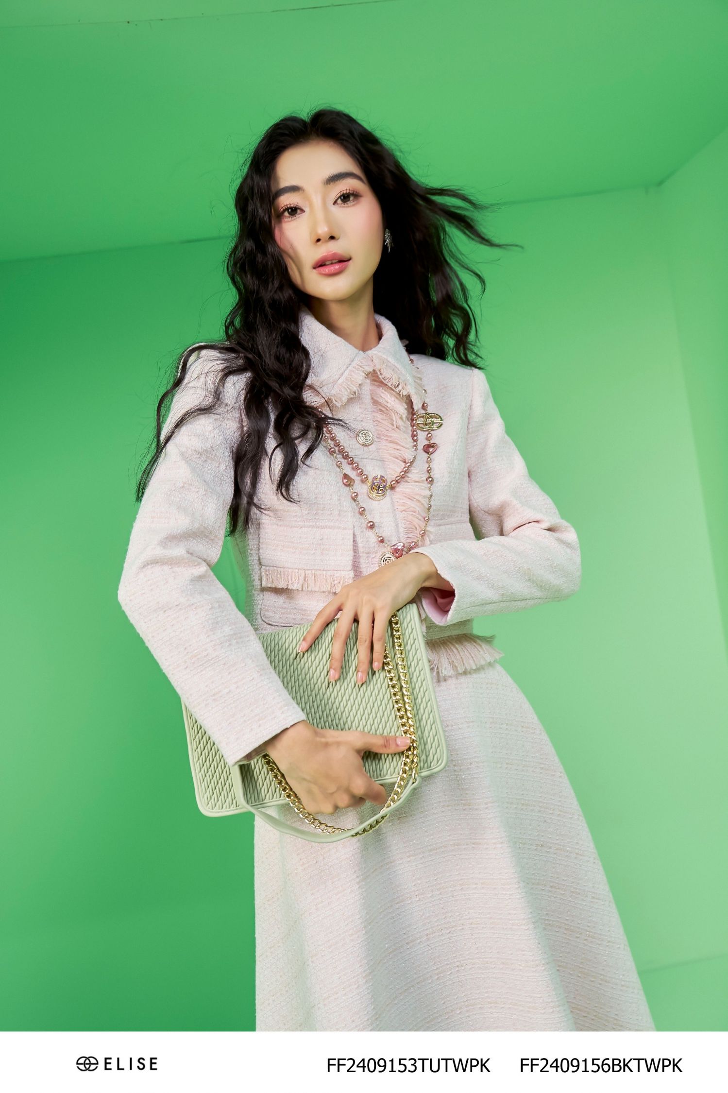JUPE XÒE DẠ TWEED HỒNG NHẠT KT