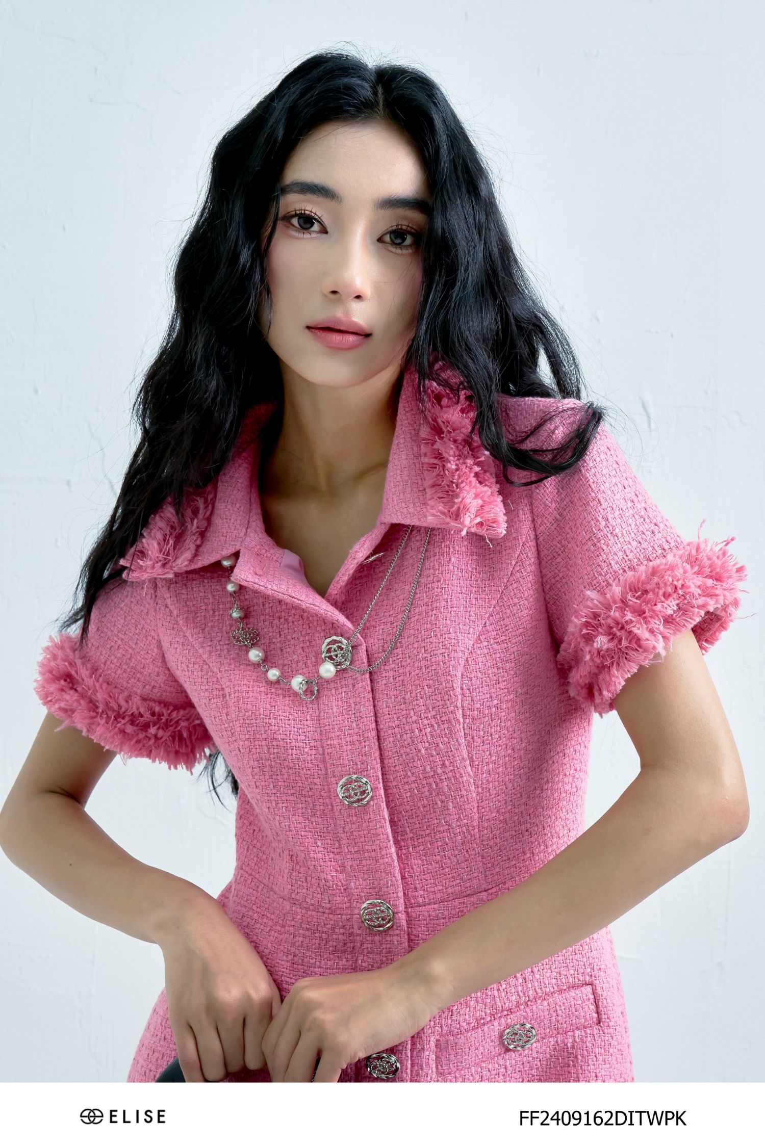 ĐẦM TWEED HỒNG PHỐI RÚT TUA SỢI