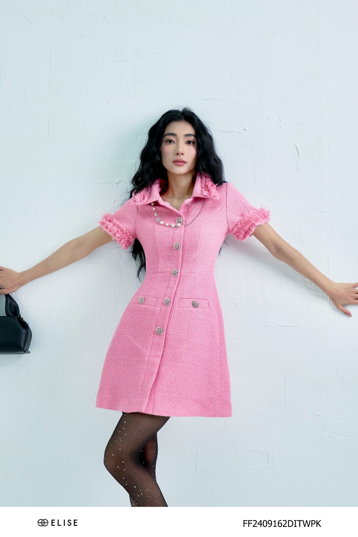 ĐẦM TWEED HỒNG PHỐI RÚT TUA SỢI