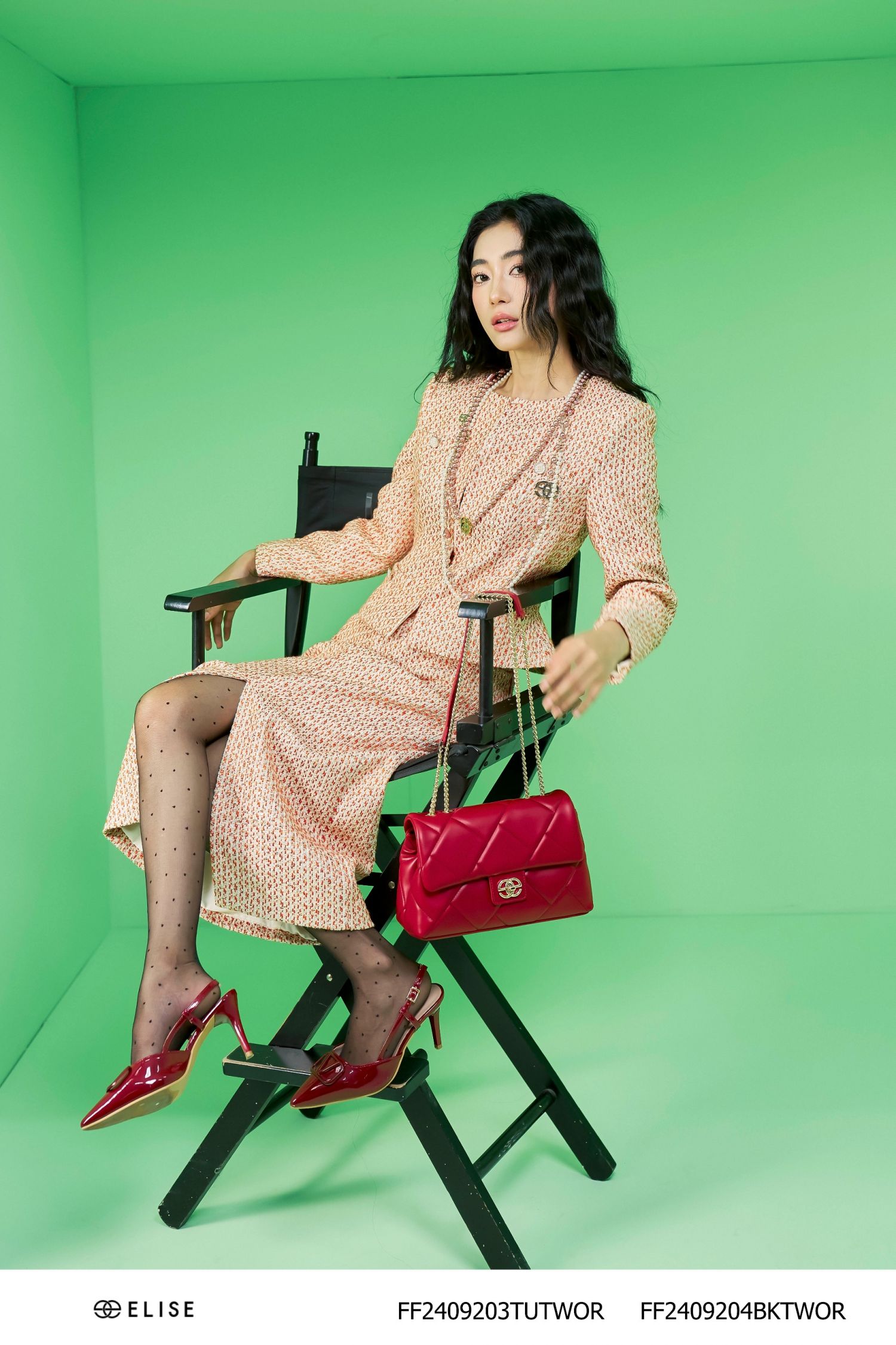 JUPE TWEED CAM NỀN BE KT XẺ TRƯỚC