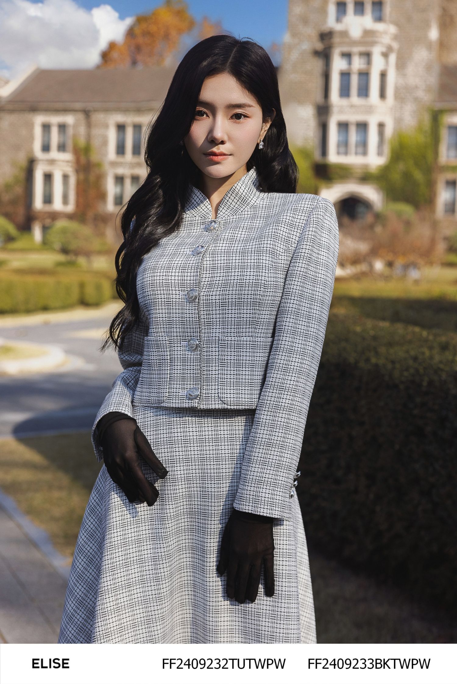VEST TWEED TRẮNG KẺ ĐEN VIỀN DÂY ĐÁ