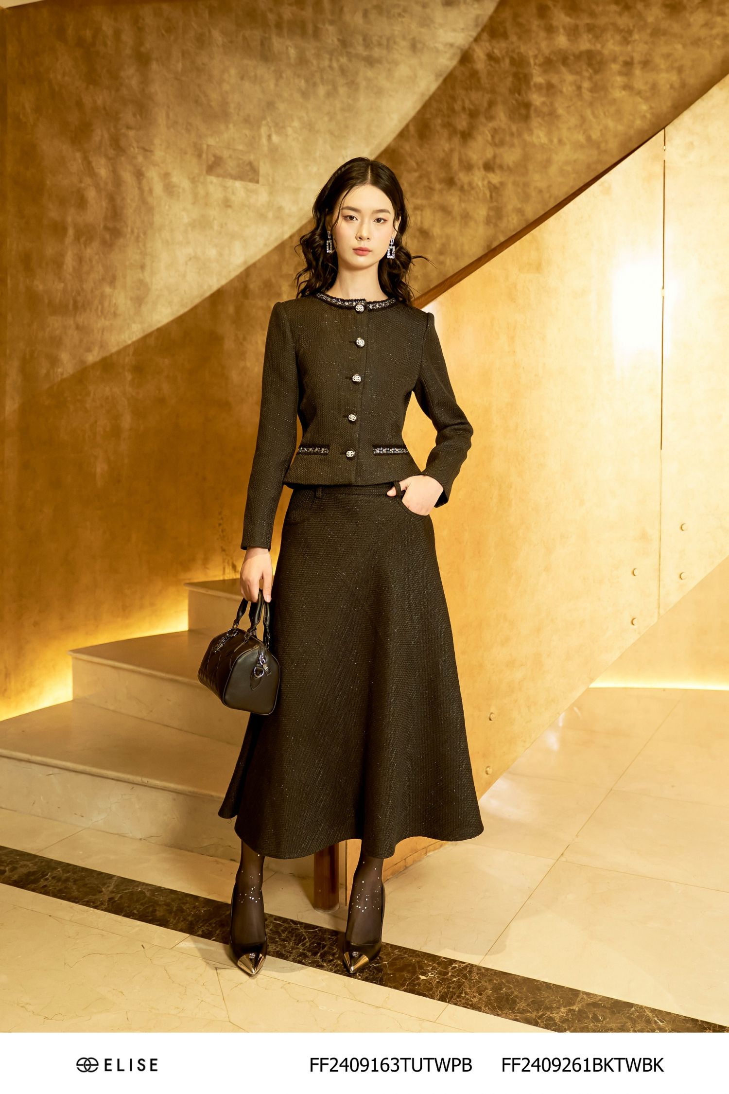 CHÂN VÁY TWEED ĐEN KT BẠC