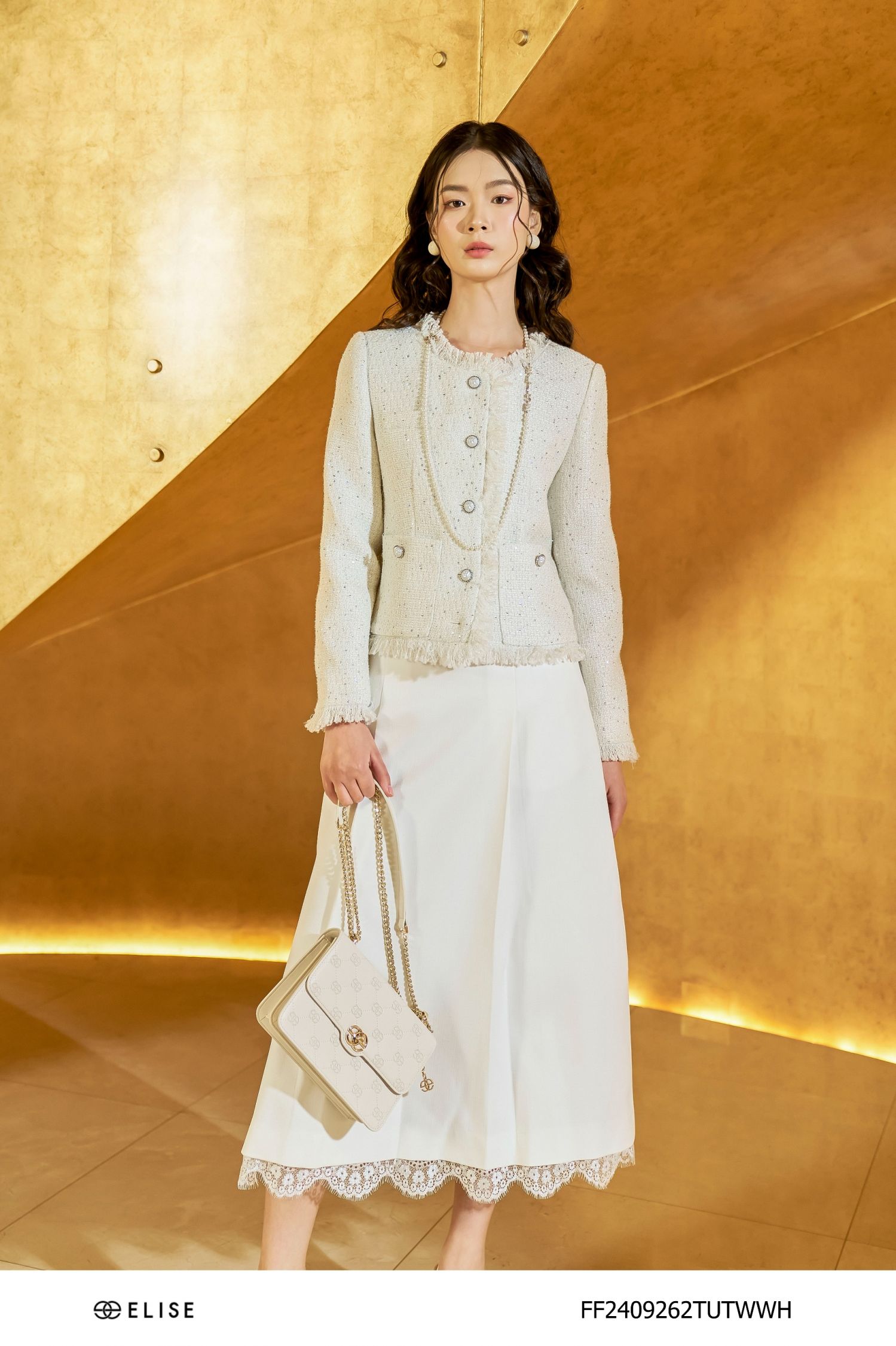 VEST TWEED TRẮNG KIM SA RÚT RUA