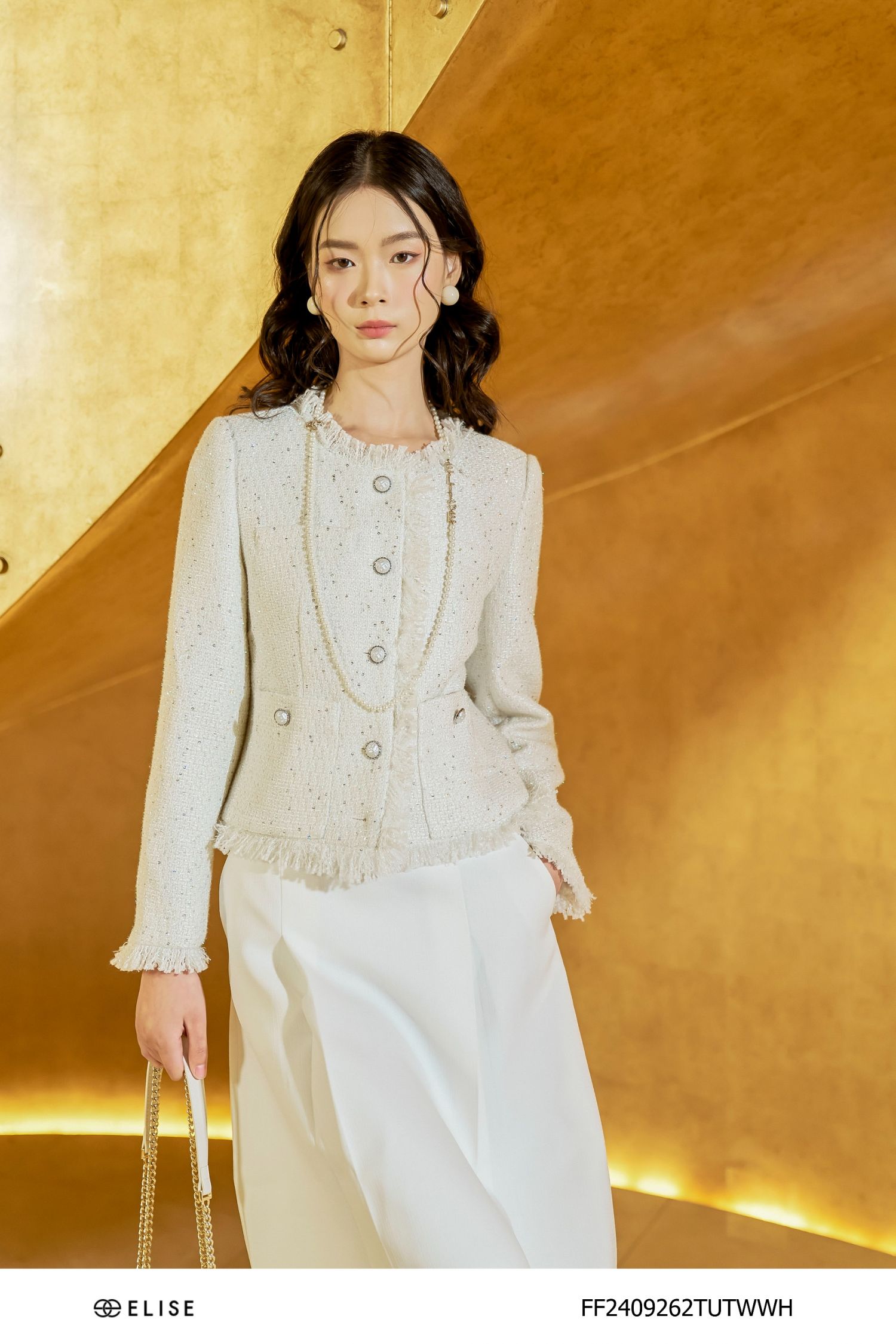 VEST TWEED TRẮNG KIM SA RÚT RUA