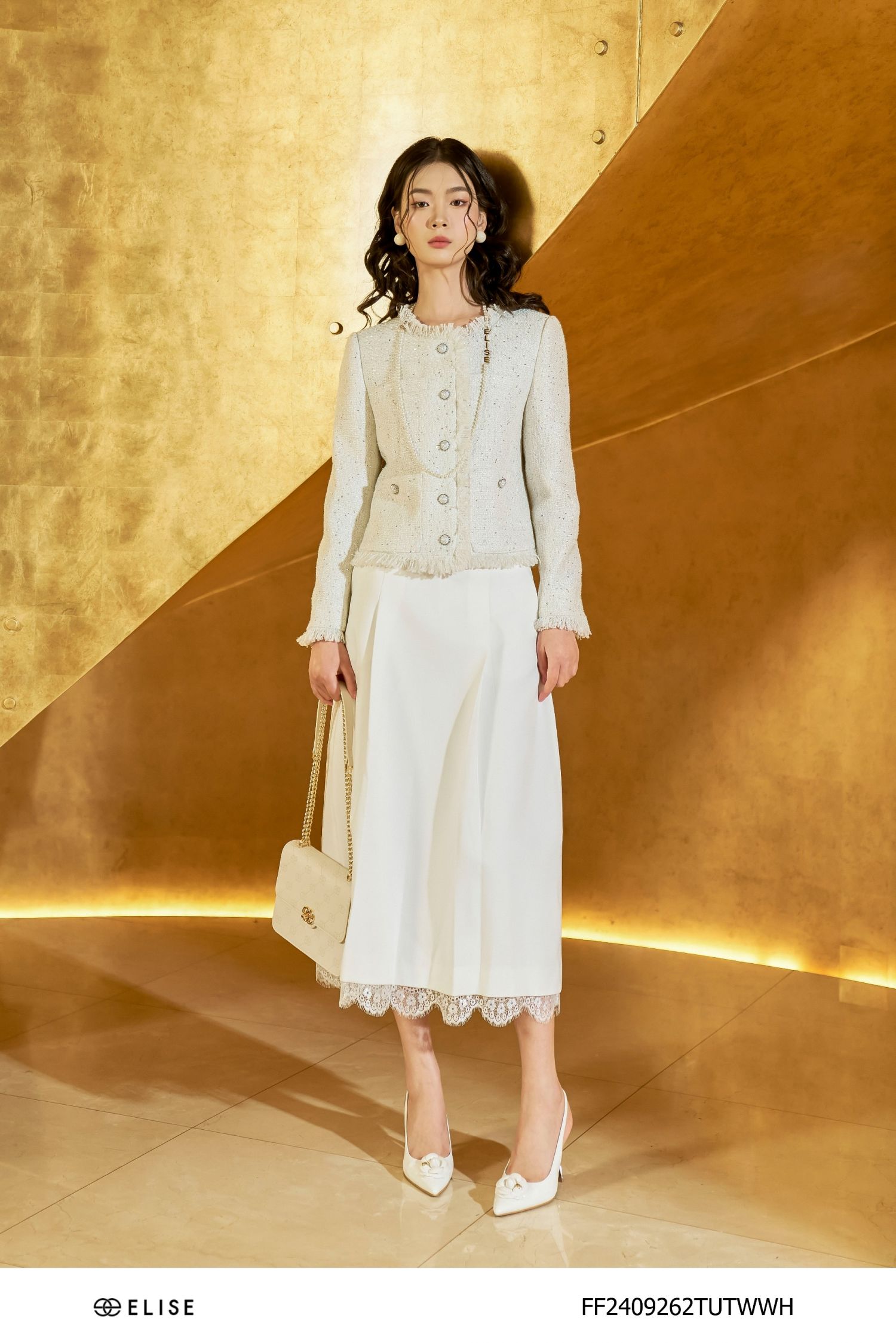 VEST TWEED TRẮNG KIM SA RÚT RUA