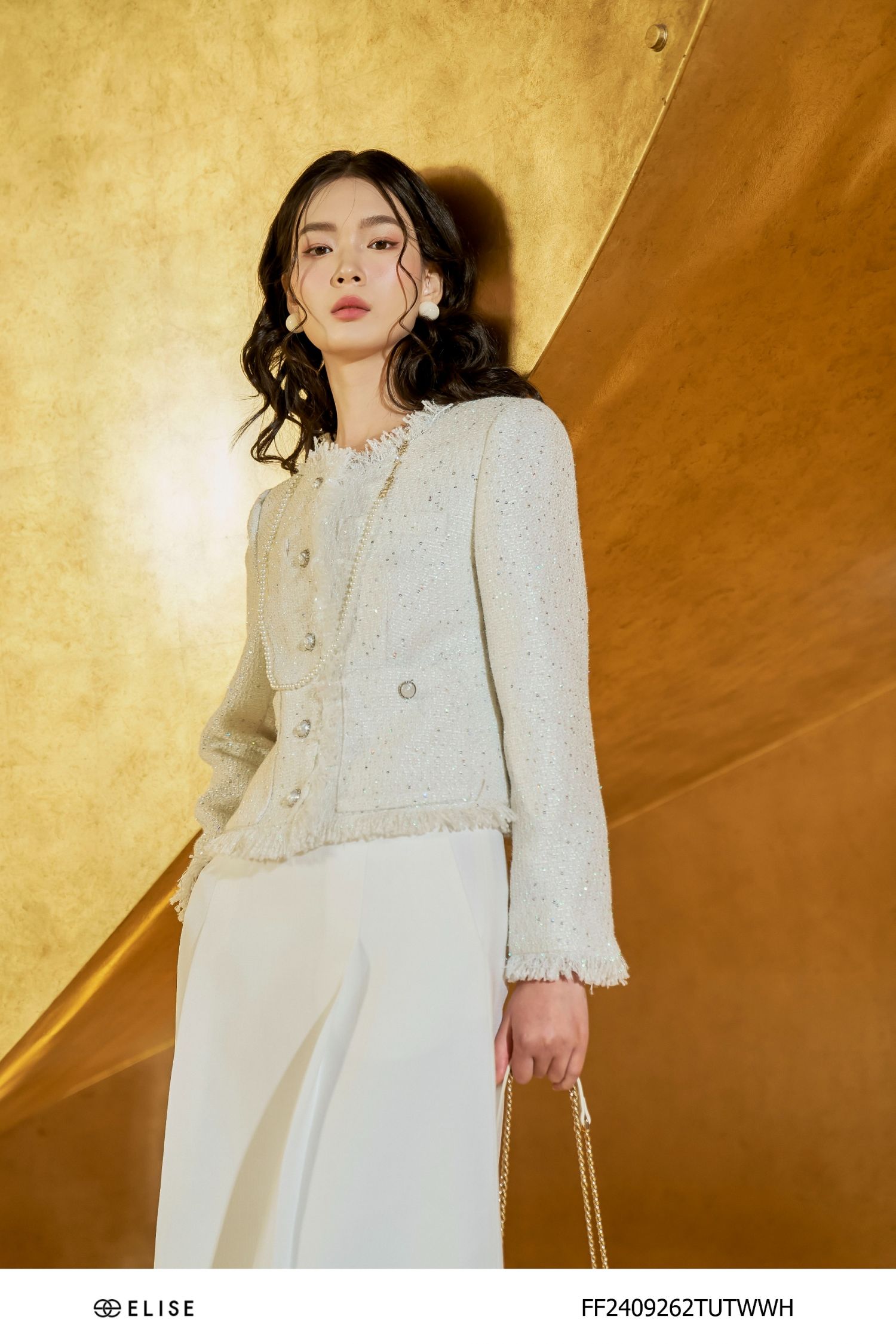 VEST TWEED TRẮNG KIM SA RÚT RUA