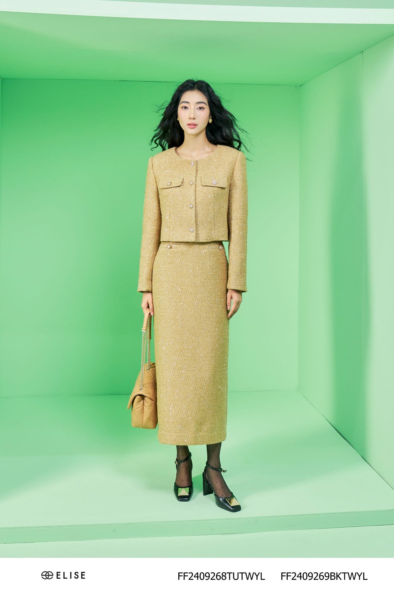 JUPE BÚT CHÌ DẠ TWEED KT VÀNG