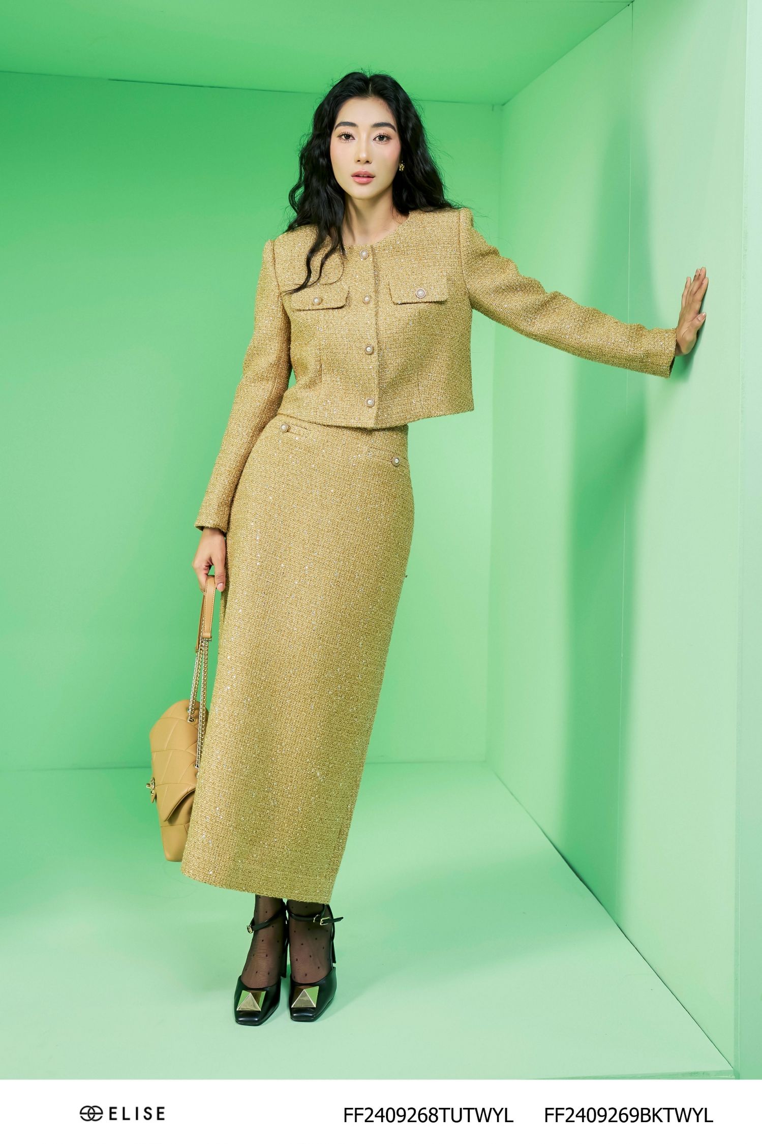 JUPE BÚT CHÌ DẠ TWEED KT VÀNG