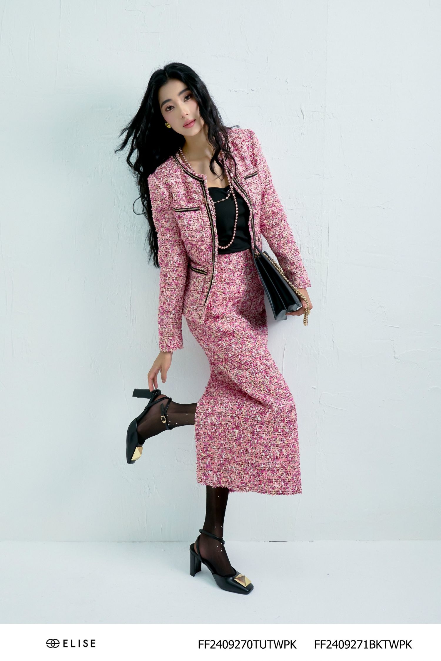 VEST DẠ TWEED SỢI HỒNG VIỀN DÂY XÍCH LƯỚI