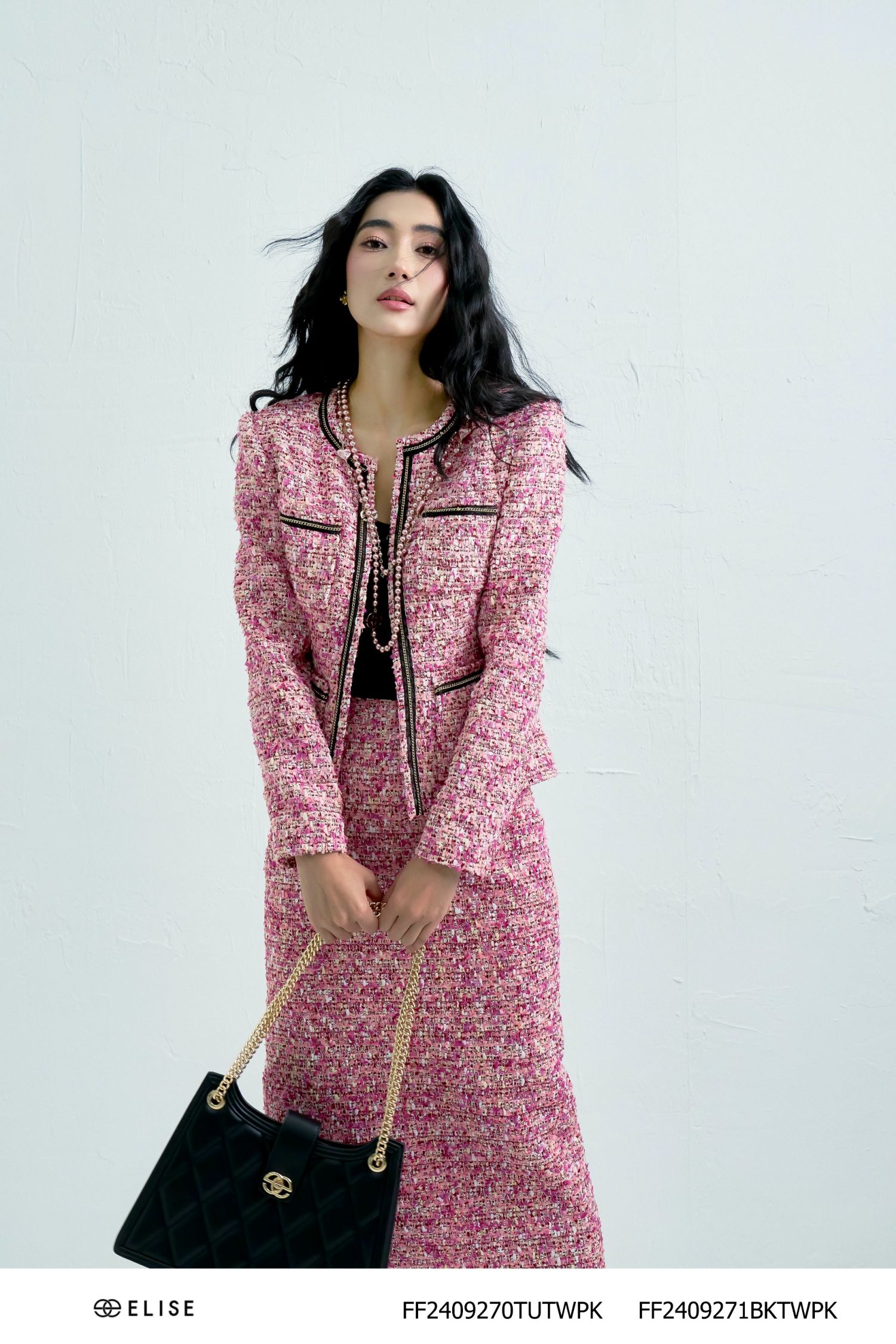 VEST DẠ TWEED SỢI HỒNG VIỀN DÂY XÍCH LƯỚI