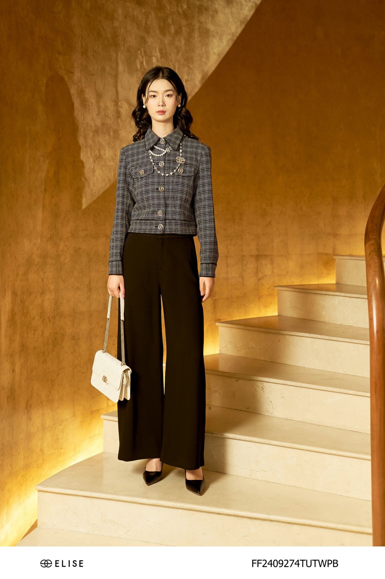 VEST TWEED ĐEN KẺ TRẮNG NẮP TÚI NGỰC