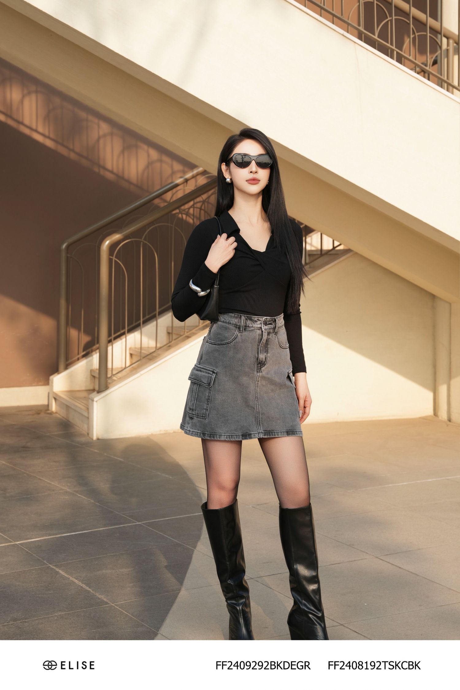 CHÂN VÁY JEANS XÁM TÚI ỐP